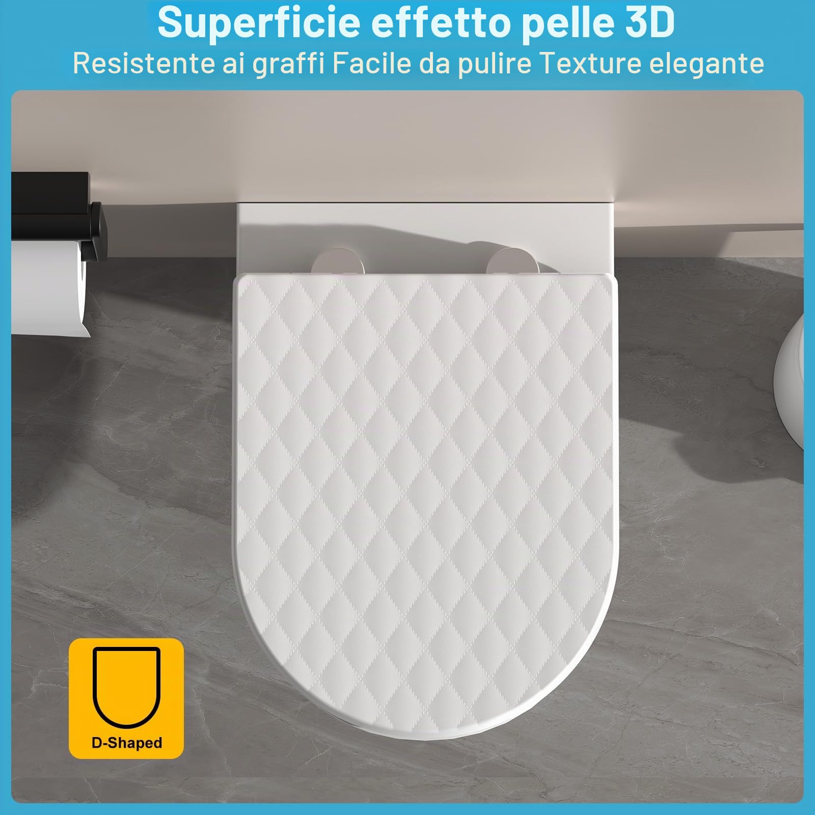 YEAUPE PRO Tavoletta WC D Forma, Copriwater, Sedile WC Chiusura Ammortizzata con Sgancio Rapido a un Pulsante, Modello di installazione allegato, Trama di rombo Bianco, 43,5 * 36,2 * 5,1 CM