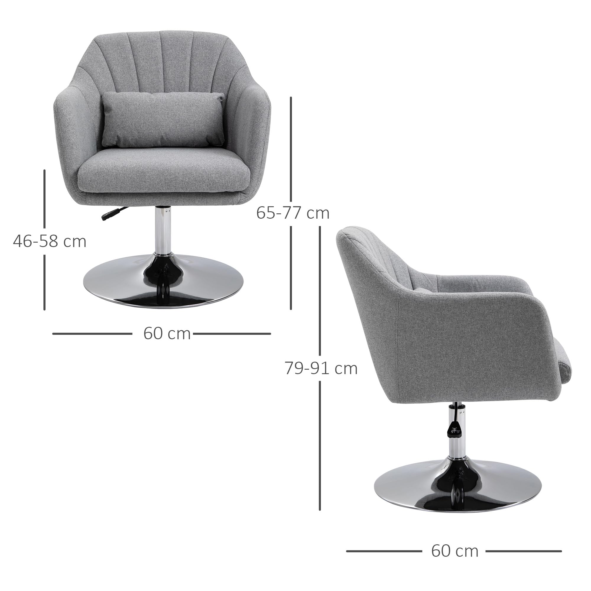 HOMCOM Sedia Girevole a 360° ad Altezza Regolabile in Poliestere, Sedia Moderna con Cuscino, Supporto Lombare e Bracciolo, 60x60x79-91 cm, Grigio