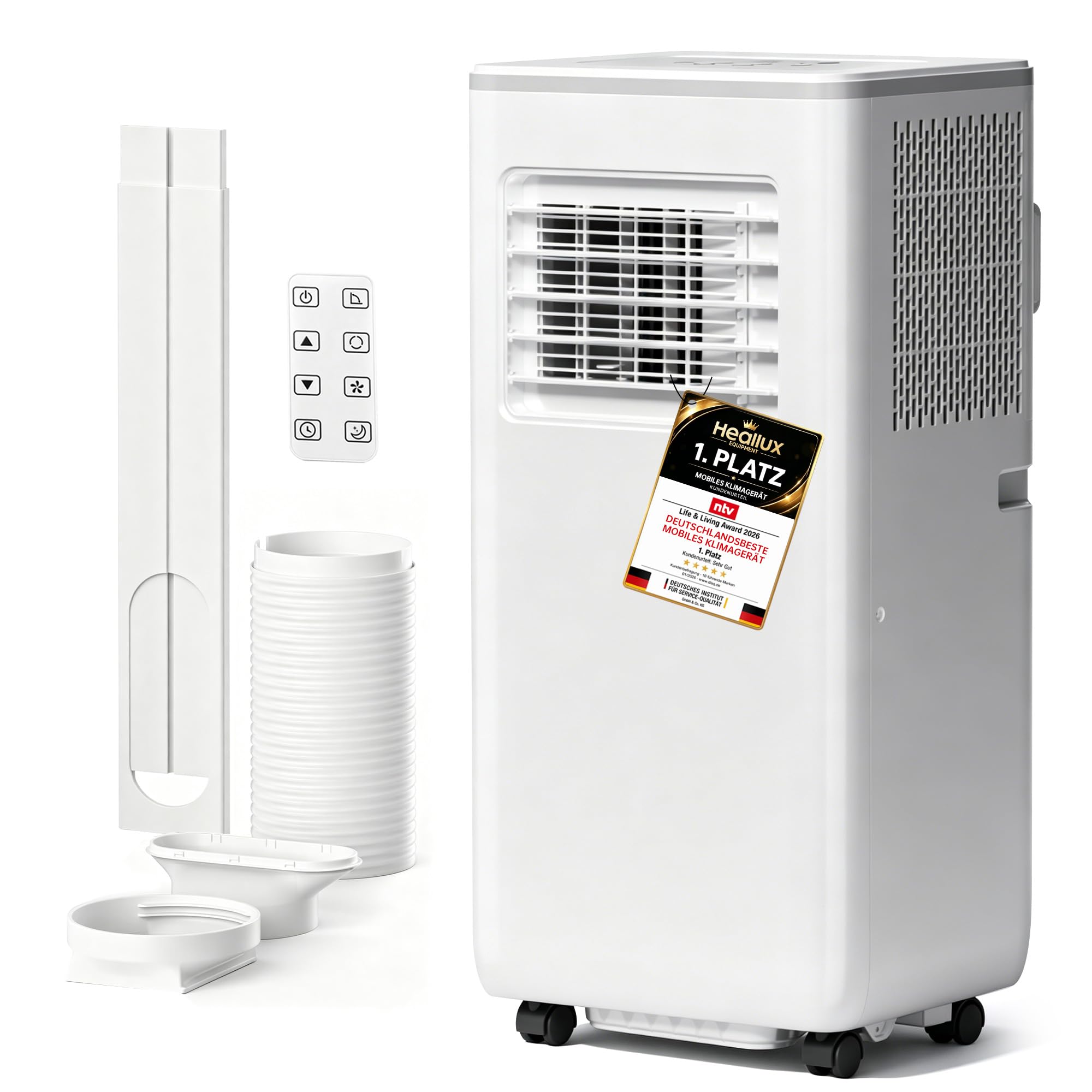 HEALLUX Mobile Klimaanlage 9000 BTU 2,6 kW, tragbares Klimagerät mit Fernbedienung & Abluftschlauch, 4-in-1: Kühlen, Lüften, Entfeuchten, Timer 24h, für Räume bis 40 m², Weiß