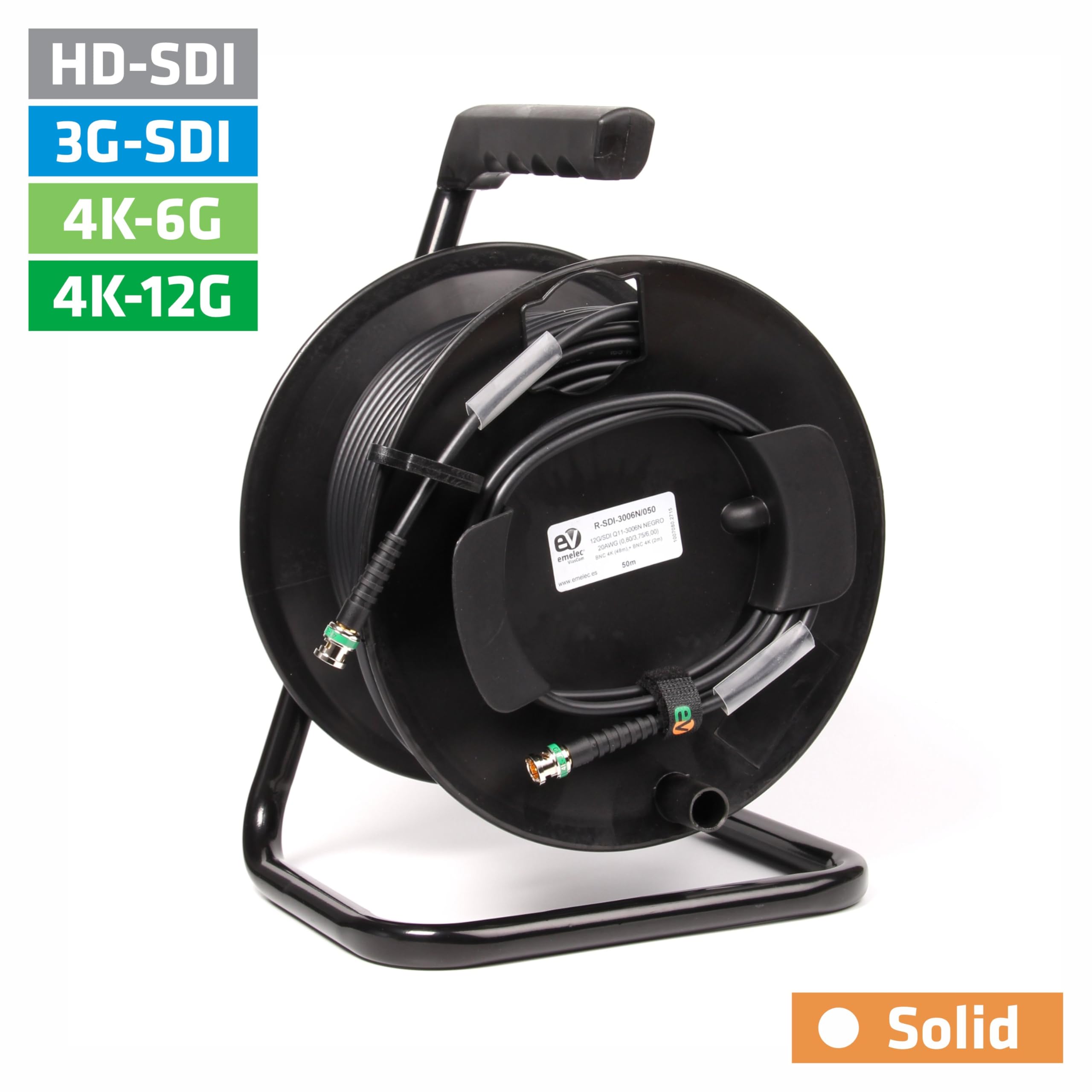 R-SDI-3006N/050-50m Cavo Video 4K-UHD 12G-SDI (0.8/3.75/6.0) Montato su Portacavi con BNC 4K-UHD - Driver Unifilare - Colore Nero - PVC flessibile