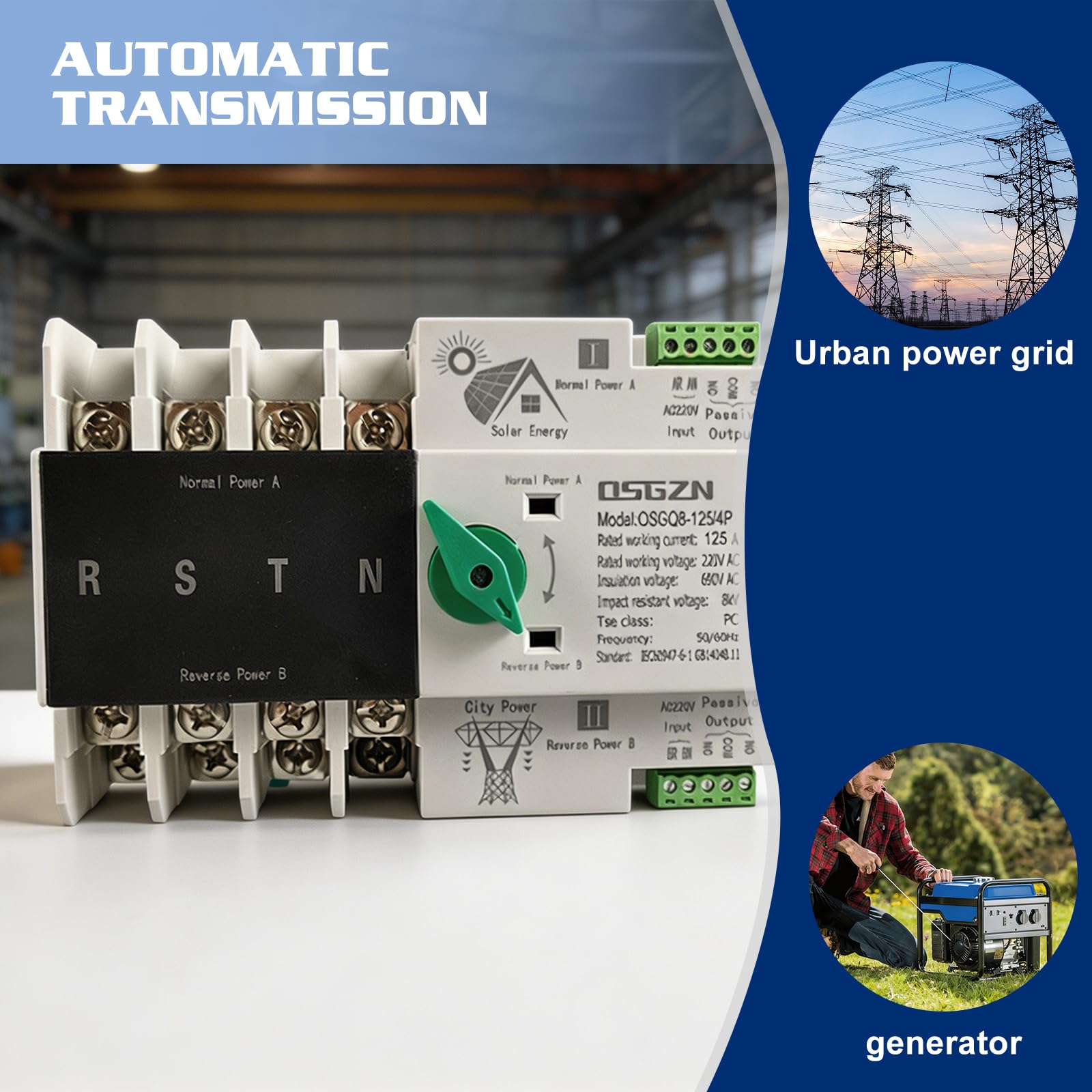 Dual Power Automatischer Transferschalter, Notstrom Umschalter Ununterbrochener AC 400V 4P 63A ATS PC Hutschiene Transfer Schalter Kommunaler Netzumschalter