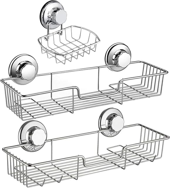 iPEGTOP Shower Caddy Basket Shelf & Soap Dish Holder for Bathroom Shampoo Conditioner Kitchen Storage Organizer SUS304 Stainless Steel, No Drilling Suction Cup - 3 Pack