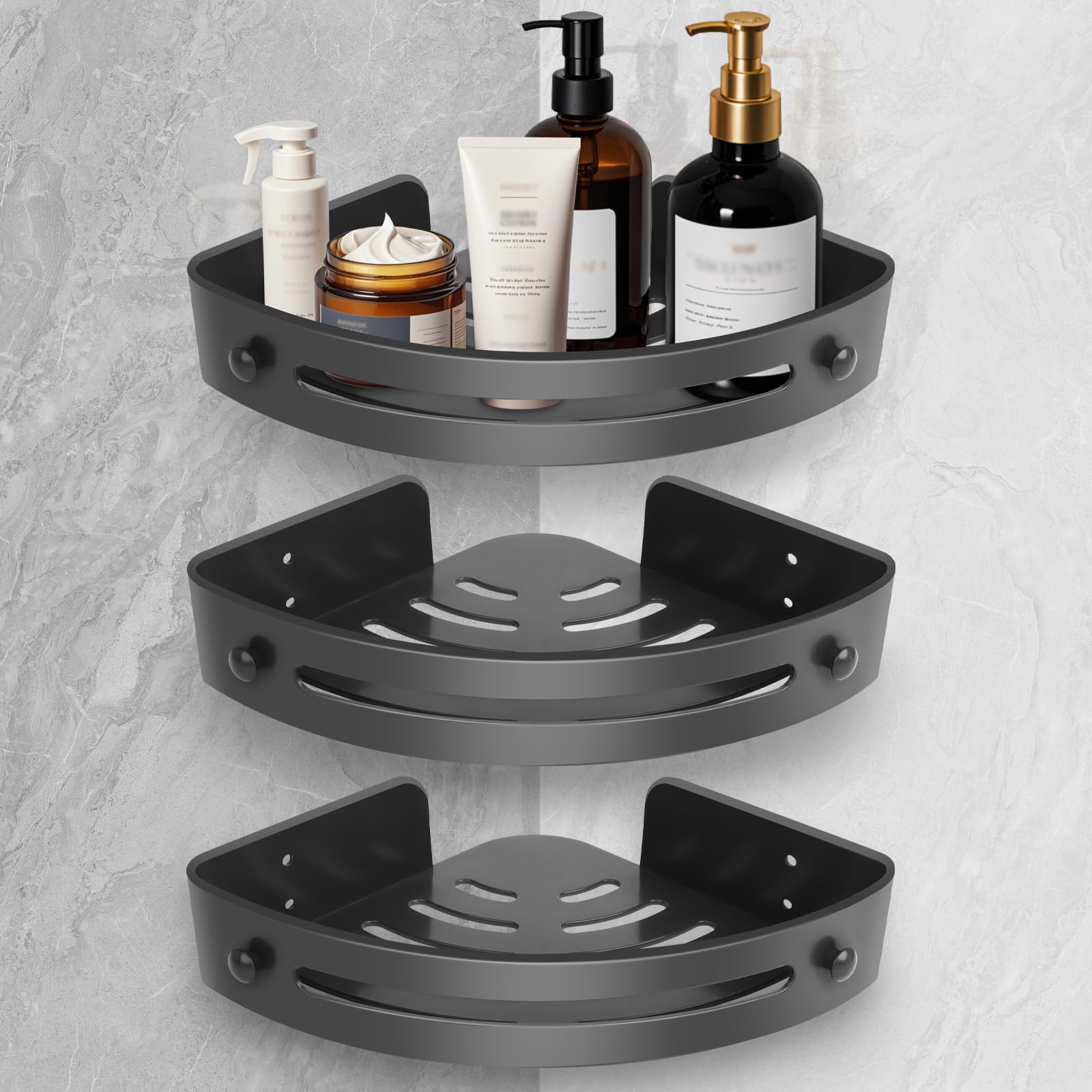 Étagère de douche d'angle sans perçage à triple niveau avec paniers auto-drainants noirs