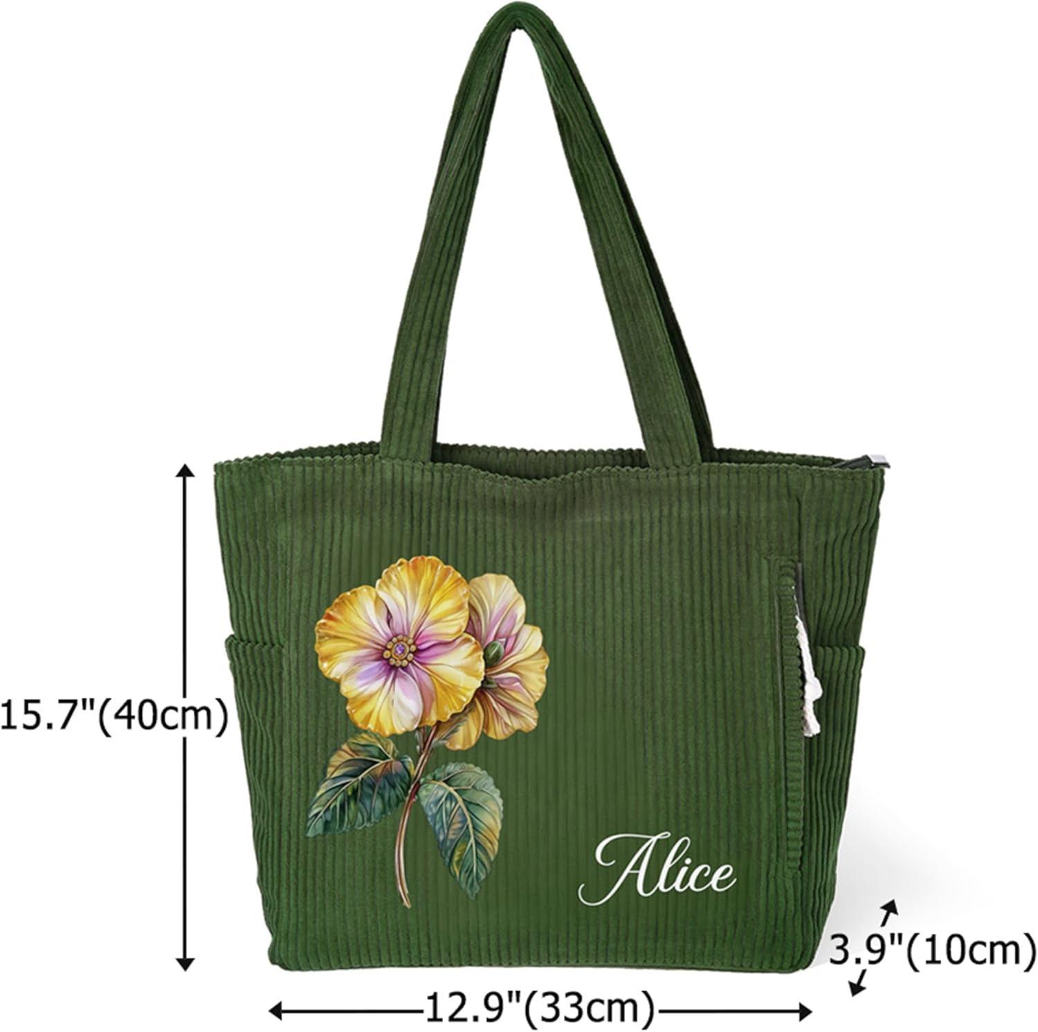 Personalized Birth Flower Corduroy Tote Bag for Women, 4 Color Options Custom Name Large Size Shoulder Bag with Pocket, HandBags with Zipper for Daily Use Work Travel Shopping - Image 4