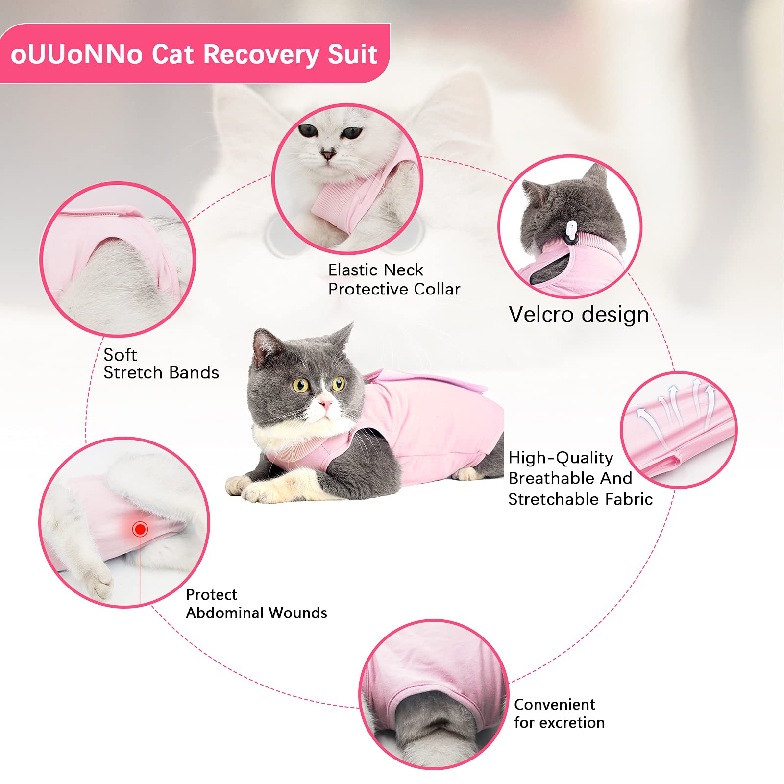 oUUoNNo Cat Wound Surgery Recovery Suit for Abdominal Wounds or Skin Diseases, After Surgery Wear, Pajama Suit, E-Collar Alternative for Cats (S, Pink)