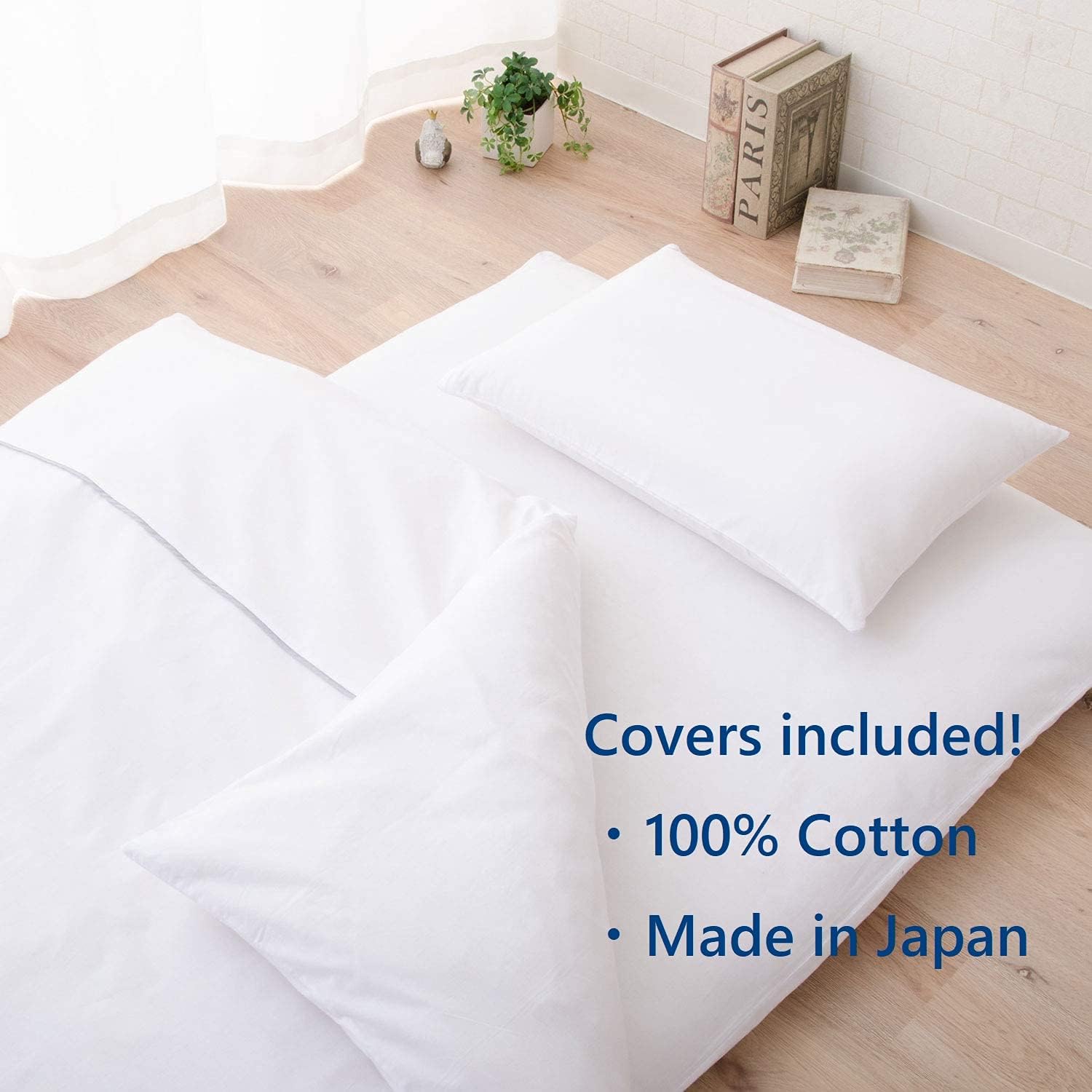 EMOOR Japanese Futon Mattress Set CLASSE (Mattress, Comforter & Pillow) with Covers (White) Full Made in Japan, Cotton Foldable Floor Sleeping Bed Tatami Mat