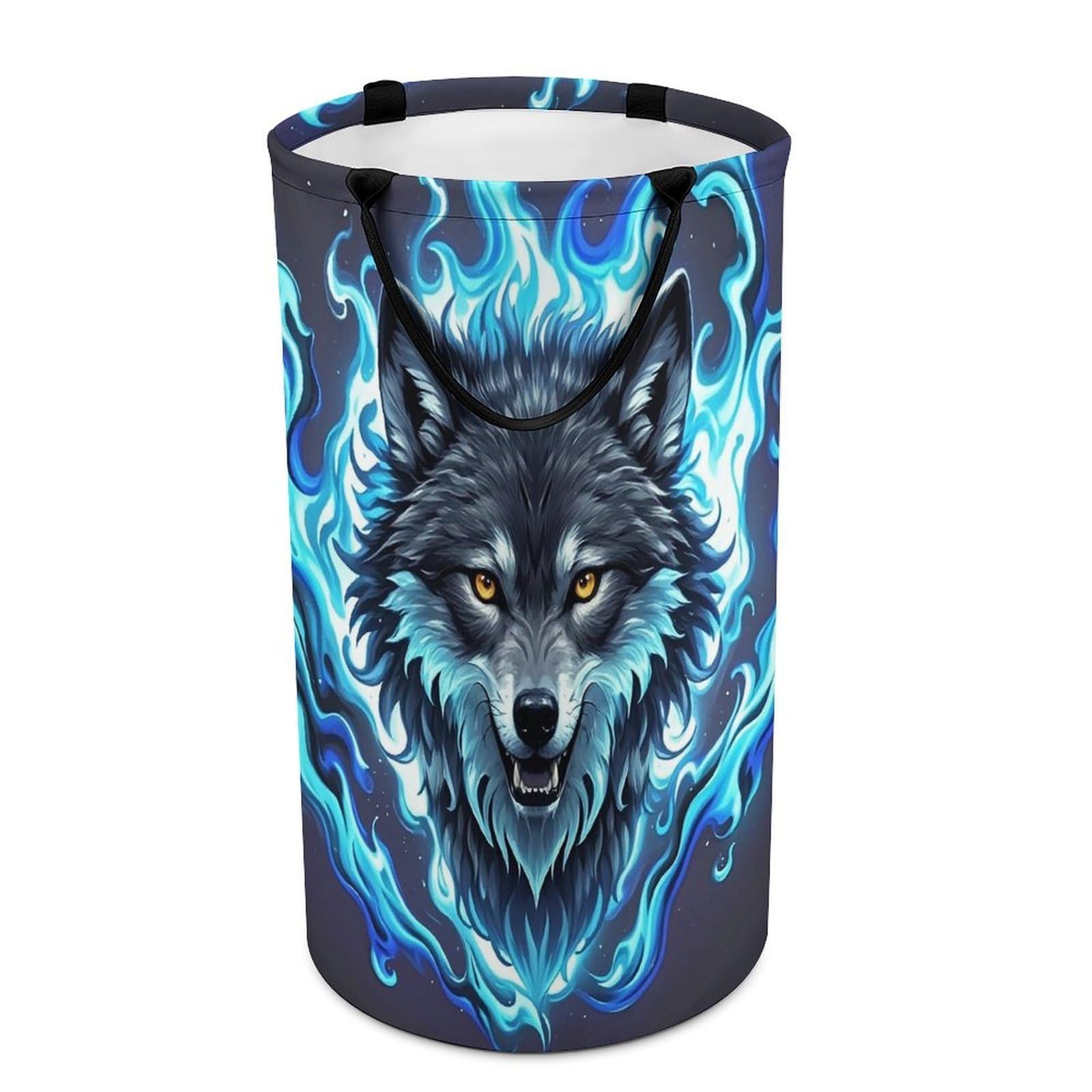 Fodpand Style Wolf Head In Blue Flames Laundry Basket With Handle Foldable Laundry Hamper Narrow Laundry Bag For Bedroom, Bathroom, Laundry Room 15.7X27.2 In