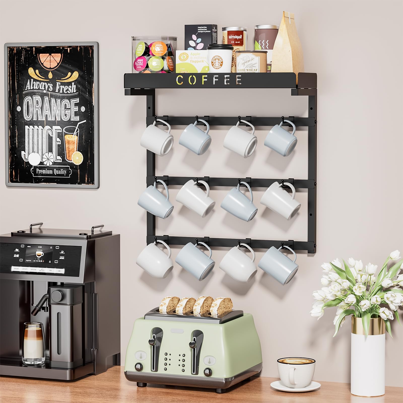 RCHYFEED Support mural pour tasses à café, 12 crochets réglables pour réduire les collisions, tasse pour la maison, la cuisine, l'affichage et la collection, panier supérieur de rangement pour