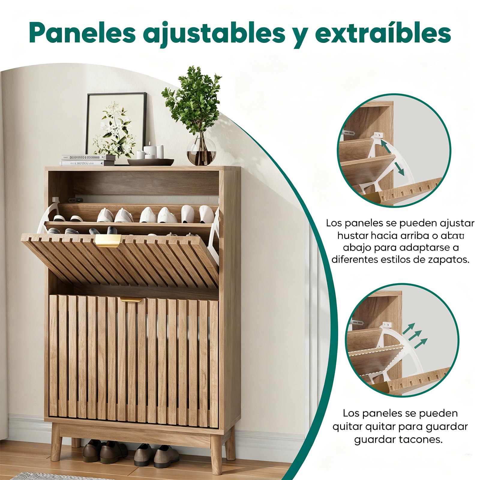 Kiasthome Mueble Zapatero de Madera con 2 Cajones Abatibles, Organizador de Zapatos con Puertas Rejilladas Ventiladas, Zapatero Moderno para Entrada, Pasillo y Salón (Natural, 60 cm)
