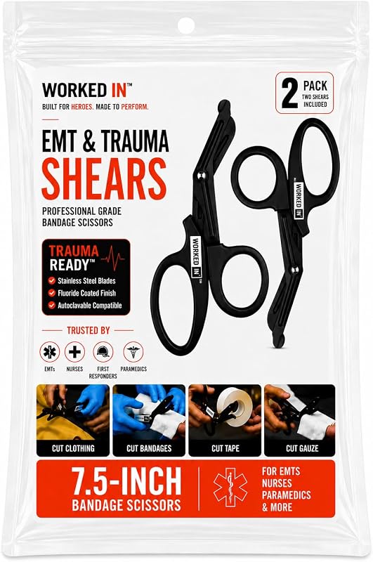 Tijeras EMT y de trauma para mano izquierda y derecha - Tijeras de vendaje de 7,5 pulgadas, tijeras médicas de acero inoxidable - Cuchillas recubiertas de fluoruro para personal de primera respuesta, enfermera y médico (paquete de 2, negro)
