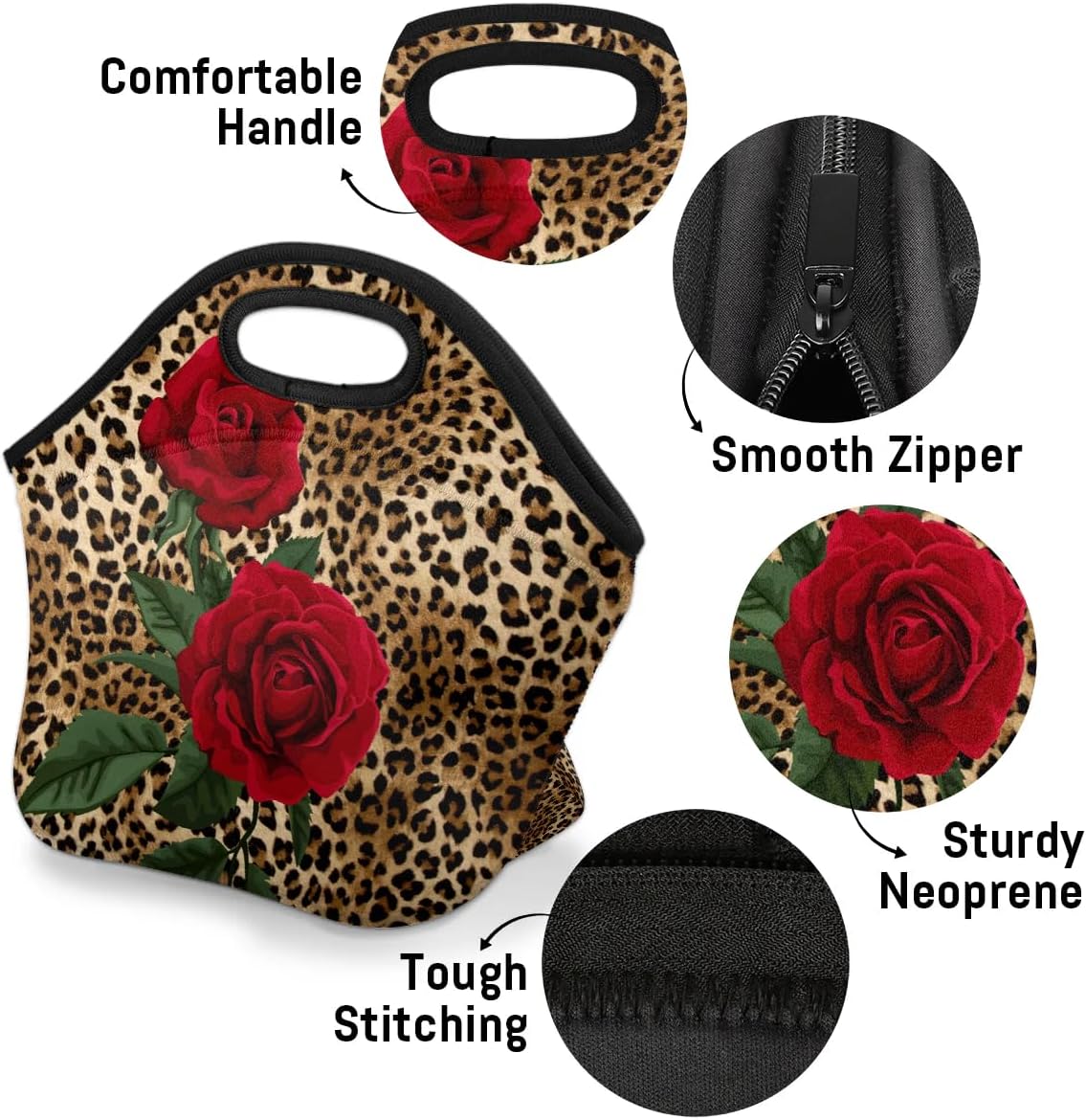 Lunch box for women,Reusable Lunch bags Lunchbox with Fine Neoprene Material Waterproof Insulated Picnic Lunch Bag Mom Bag (Leopard Rose)