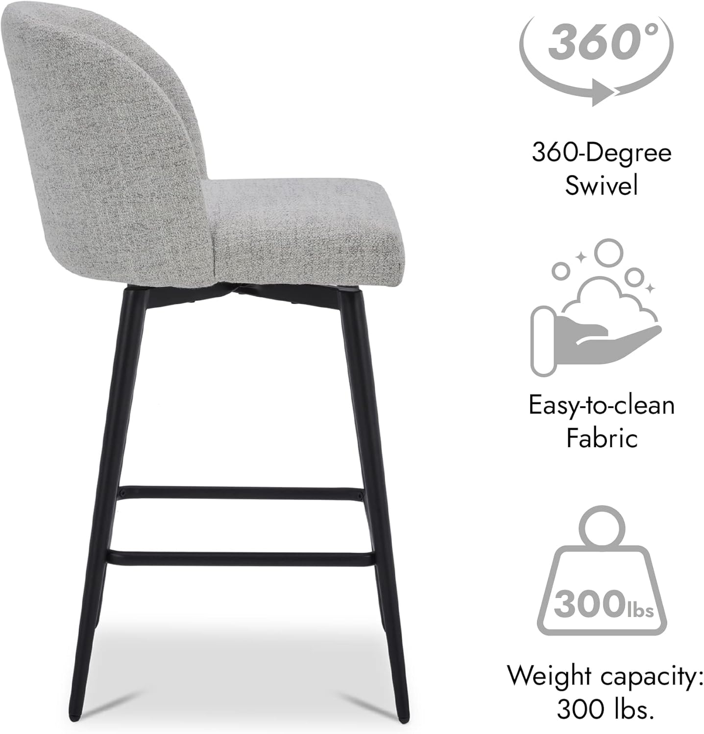 Watson & Whitely Counter Height Bar Stools Set of 3, 360° Swivel Upholstered Barstools with Backs and Metal Legs, 26" H Seat Height, Fabric in White (Multi-Colored)