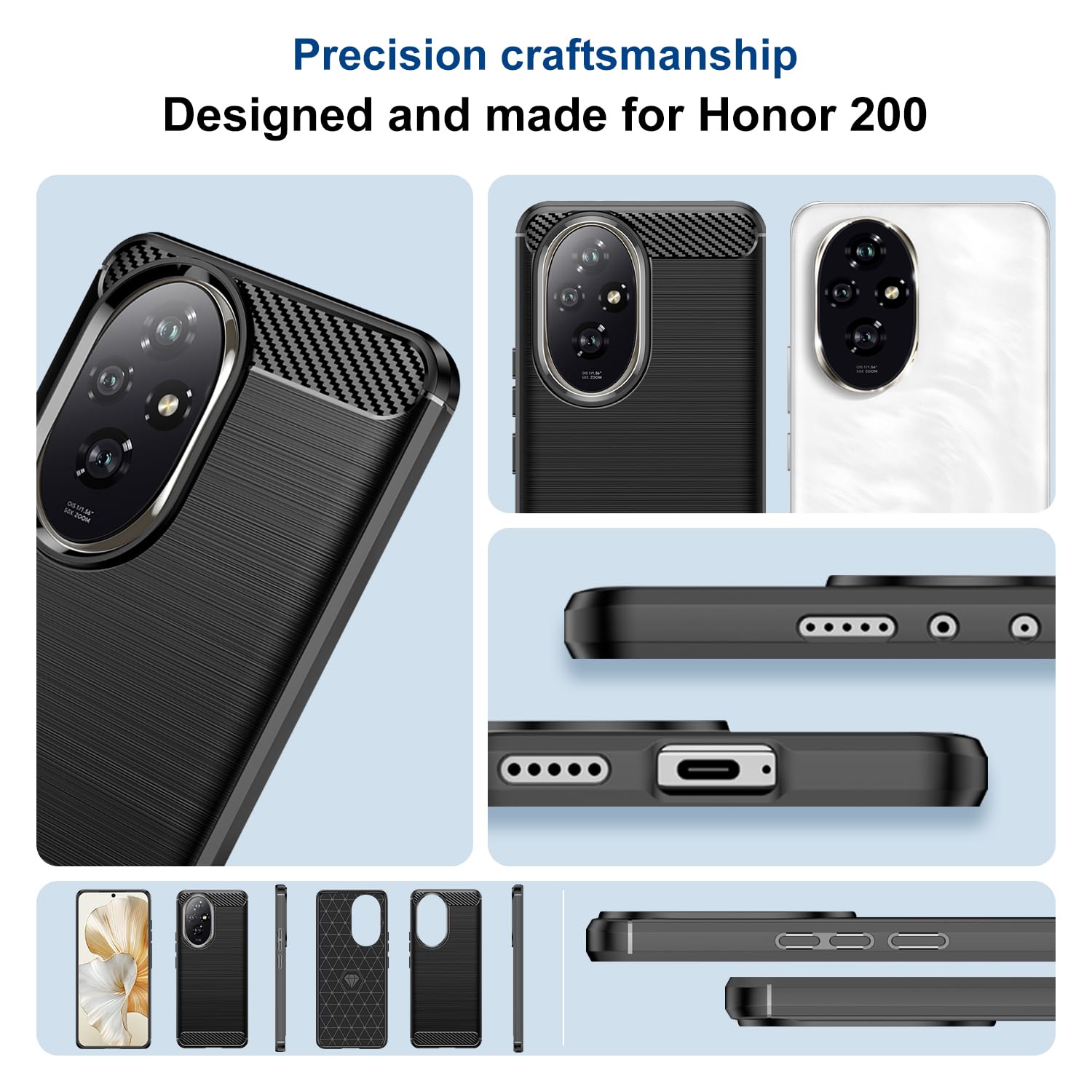 Qiinogow Case Compatible with Honor 200, Slim Fit Phone Cover with Shock-Absorption, Carbon Fiber TPU Rubber Protective Case, Black - Image 2