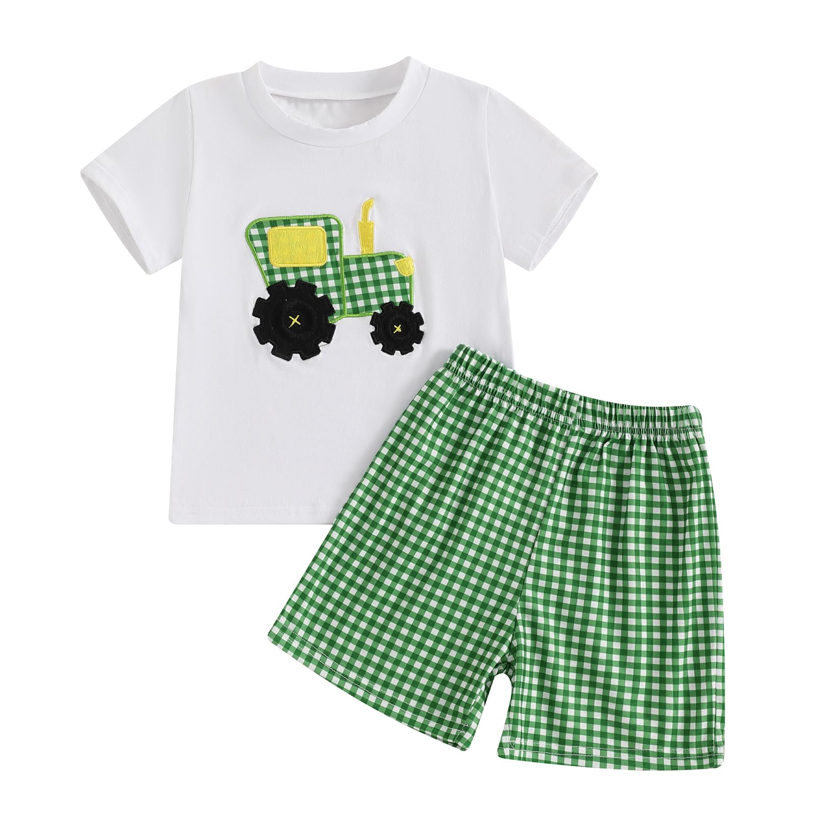 Filgriox Toddler Baby Boy Summer Outfits 2Pcs Shorts Set Embroidery Short Sleeve Shirt and Plaid Shorts Clothes (Green, 2-3T)