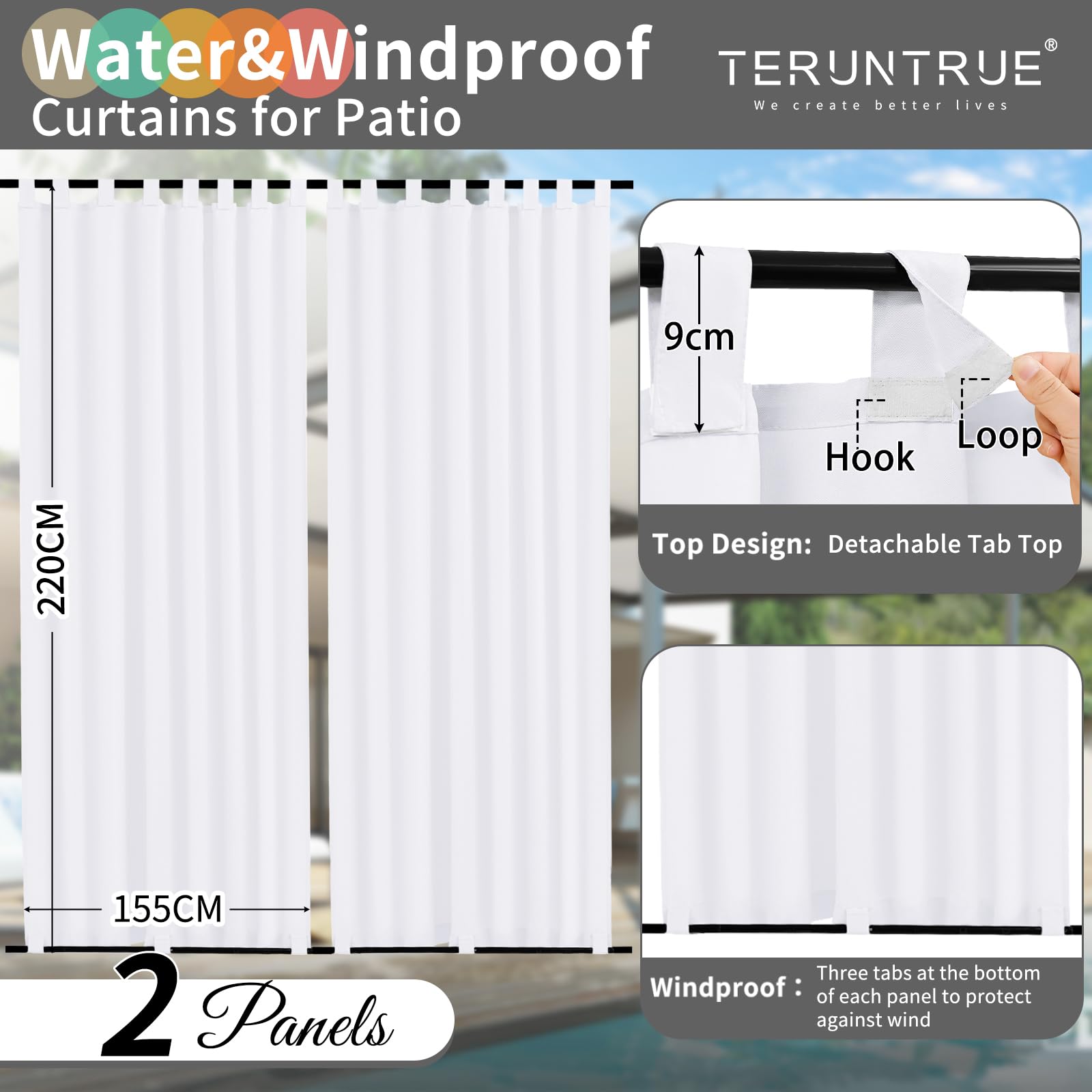 Teruntrue Rideau d'extérieur 2 pièces résistant aux intempéries avec Sangles à Scratch, Voilage Balcon terrasse, Protection Solaire et intimité, Passants en Bas, H220 x L155 cm, Blanc