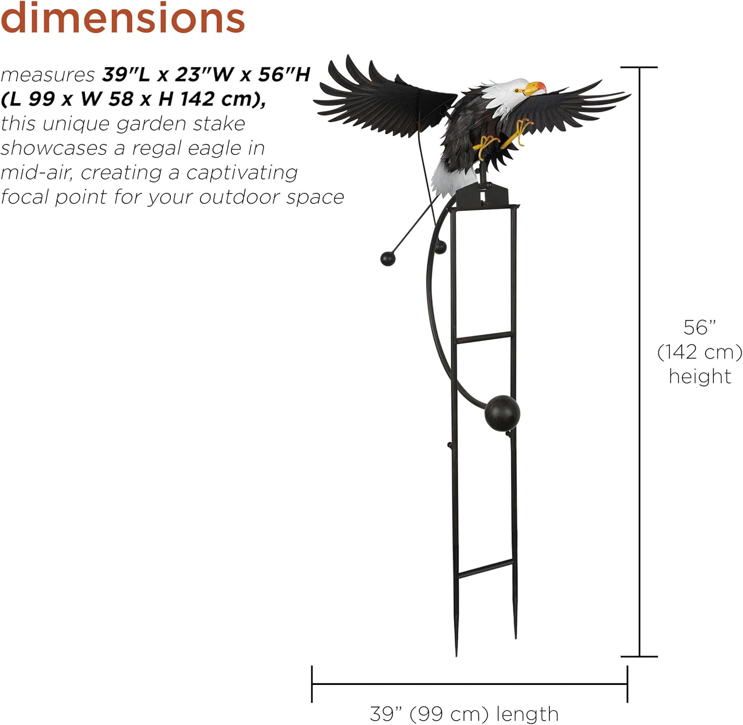 Alpine Corporation - Outdoor Metal Rocking Eagle Garden Stakes - Dynamic Flapping Wings Design, 56-in Tall, Black