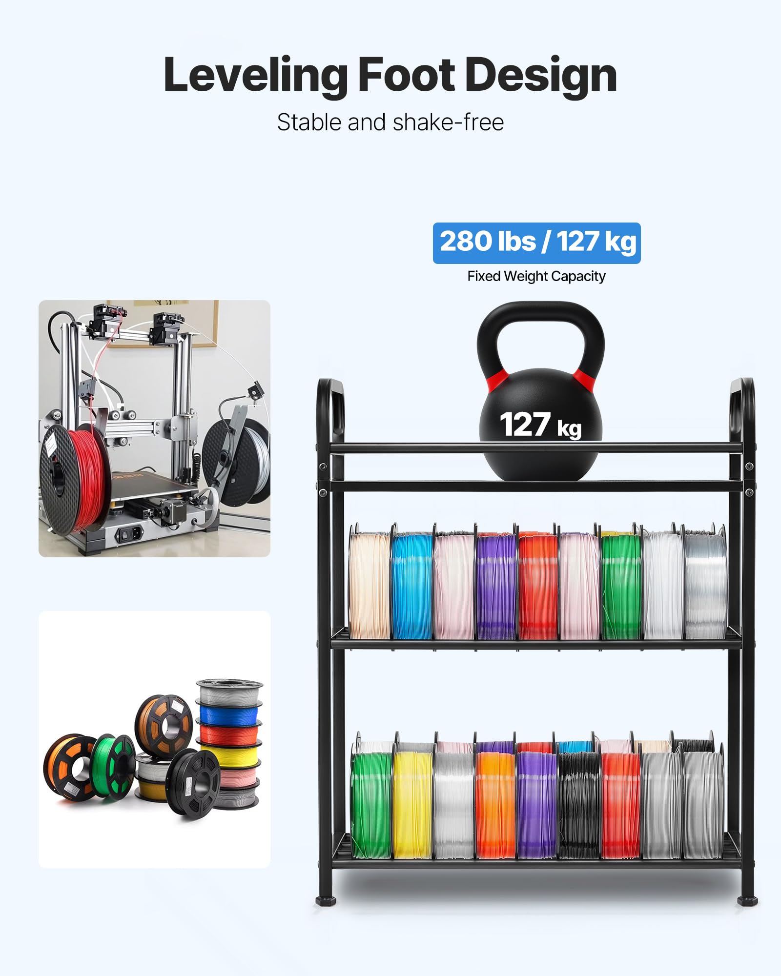 VEVOR Supporto di Stoccaggio per Filamenti 3D da 680 x 400 x 880 mm Ripiano per Filamento per Stampante 3D a 3 Livelli con Ruote, Filamenti Organizzati per Ufficio e Officina, Nero