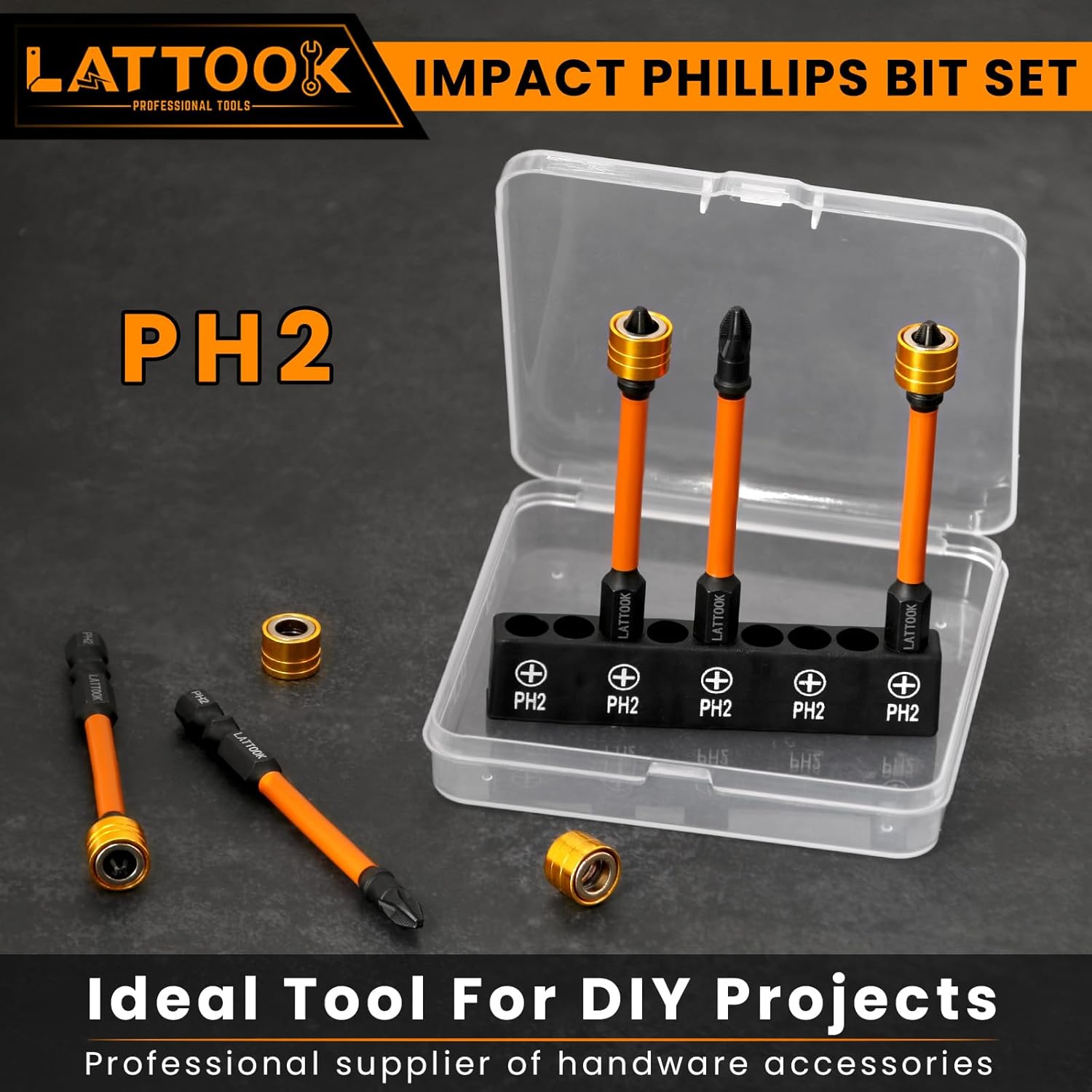Impact Phillips Bit Set, LATTOOK 5-Pieces Anti Slip PH2 Bit Set, S2 Steel #2 Phillips Screwdriver Bit Set with Magnetic Ring, 3'' Long
