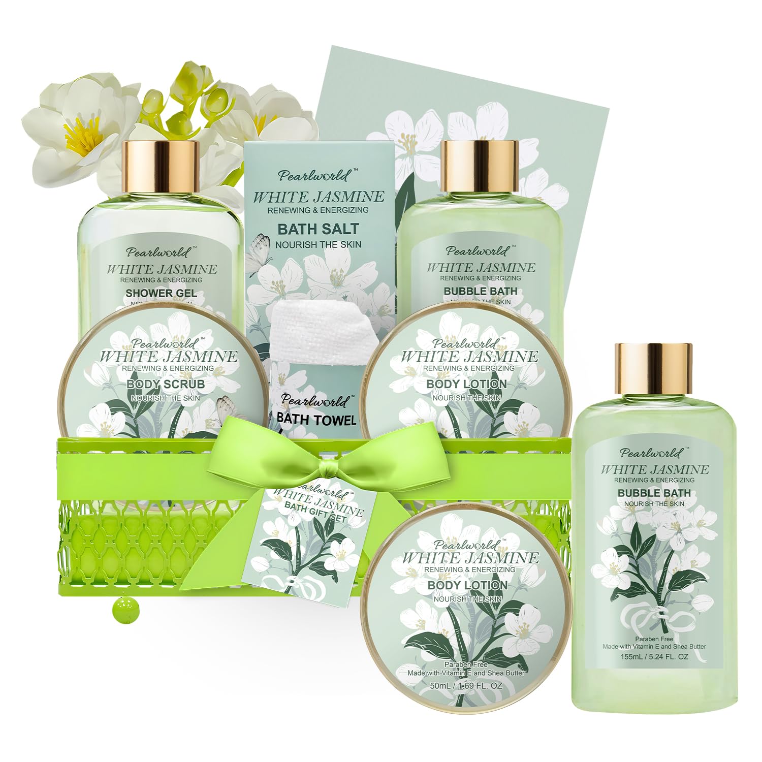 Bath Gift Baskets for Women, 9pc Jasmine Spa Gifts Set for Women, Self Care & Body Relaxing, Birthday Gift Basket, Mother's Day Gifts, Christmas,