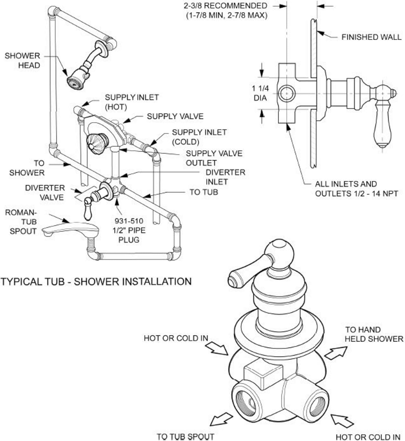 Pfister 015-38BC 4-Port Diverter Valve with Solid Metal Lever Handle, Polished Chrome
