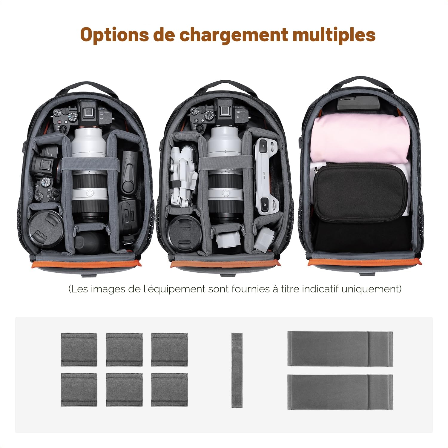 K&F CONCEPT Sac appareil photo, Sac à dos compact et résistant à l'eau pour appareil photo reflex, objectifs, tablettes, trépieds et accessoires photographiques