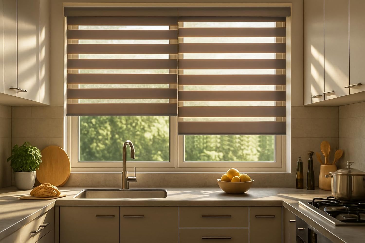 Cordless Zebra Blinds, Ash Custom Size, Dual Layer Roller Shades Inside Outside Light Control for Door Window