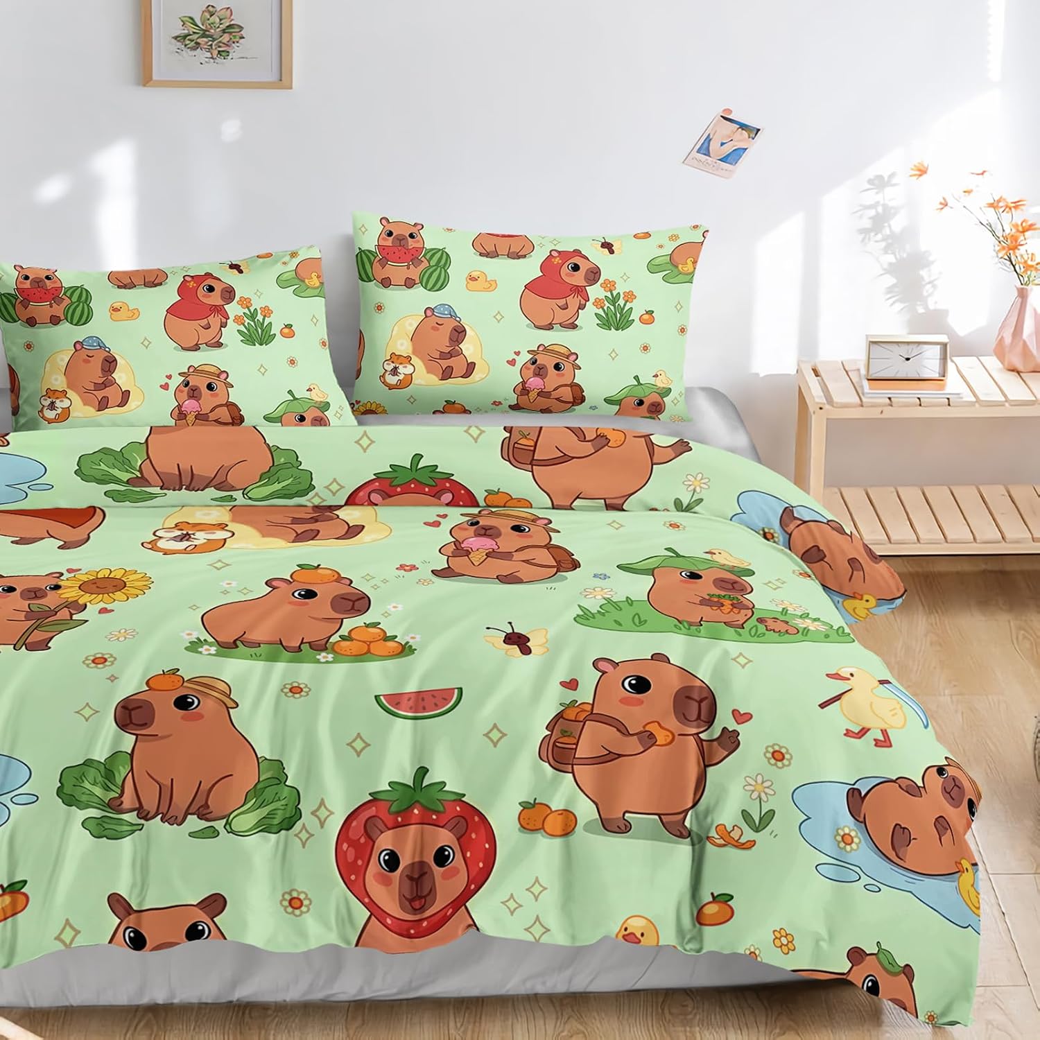 AILONEN Kawaii Capybara Duvet Cover Set Twin Size, Boys Girls Cartoon Cute Capybara Bedding Set for Kids Teens,Grass Green Comforter Cover Set,1 Quilt Cover + 2 Pillowcases,3 Piece
