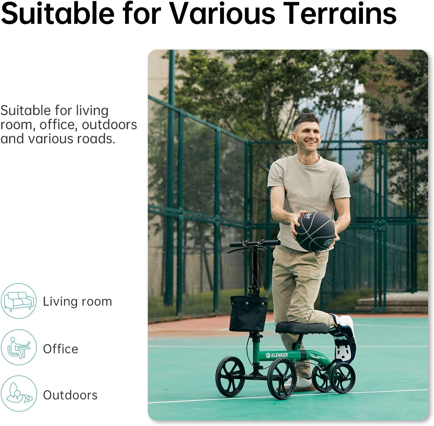 A man using the ELENKER Knee Walker on an outdoor court, demonstrating its suitability for various terrains.