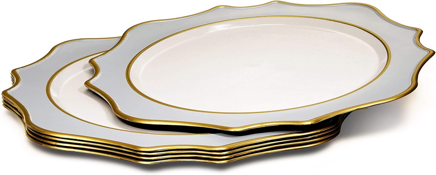 " OCCASIONS " 10 Pieces Round 13'' ACRYLIC MELAMINE Reusable Wedding Charger Plate (Scalloped Dolphin Gray and Gold)
