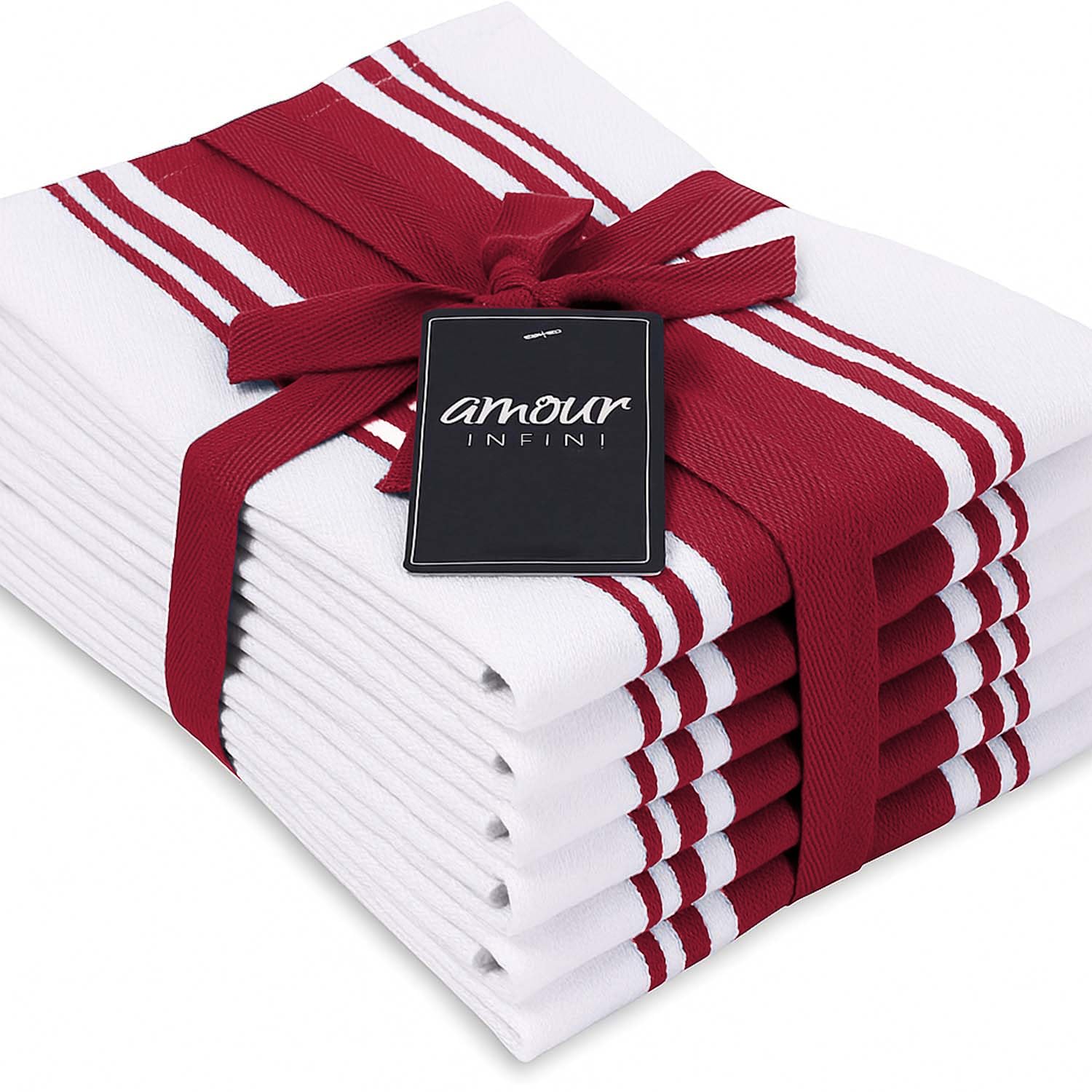 AMOUR INFINI Kitchen Towels 100% Cotton Pack of 6, Highly Absorbent Quick Drying Super Soft Premium Dish Towel for Kitchen with Hanging Loop Hand & Tea Towels - 20x28 Inch (Red) — image 1