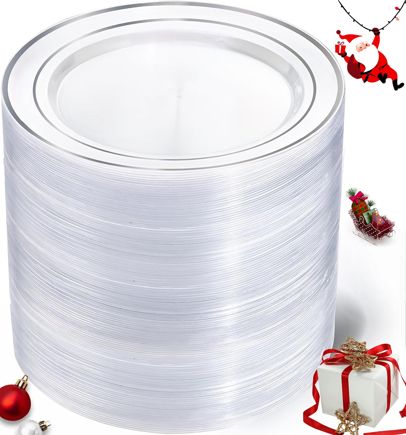 I00000 100Pcs Clear Silver Plastic Plates,Silver Rim Plates 7 Inch,Heavy Duty Premium Clear Dish for Wedding Party Supplies for Salad Dessert Cake