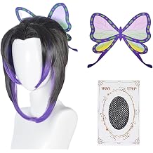 Joaquin Straight Black Short Ponytail Wig with Purple Highlights Synthetic Hair with Butterfly Hair Clip for Cosplay Events Party Costume Performances Photography