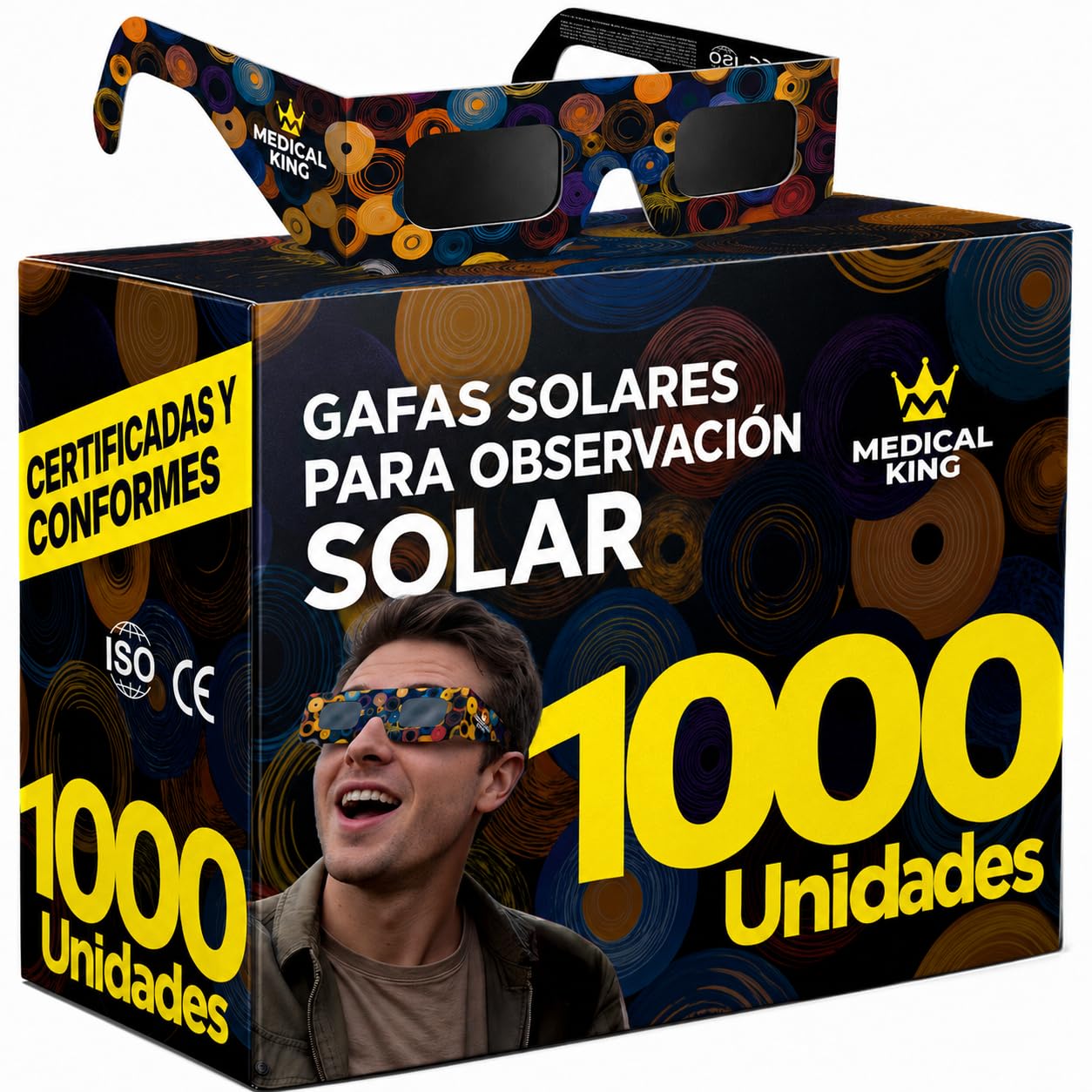 Medical king Gafas Eclipse Solar Homologadas ISO 12312-2 - Viene Con 2 Lentes Fotográficos Para Smartphone Aprobados según la norma ISO, con certificación CE: Gafas para ver eclipses solar 2026