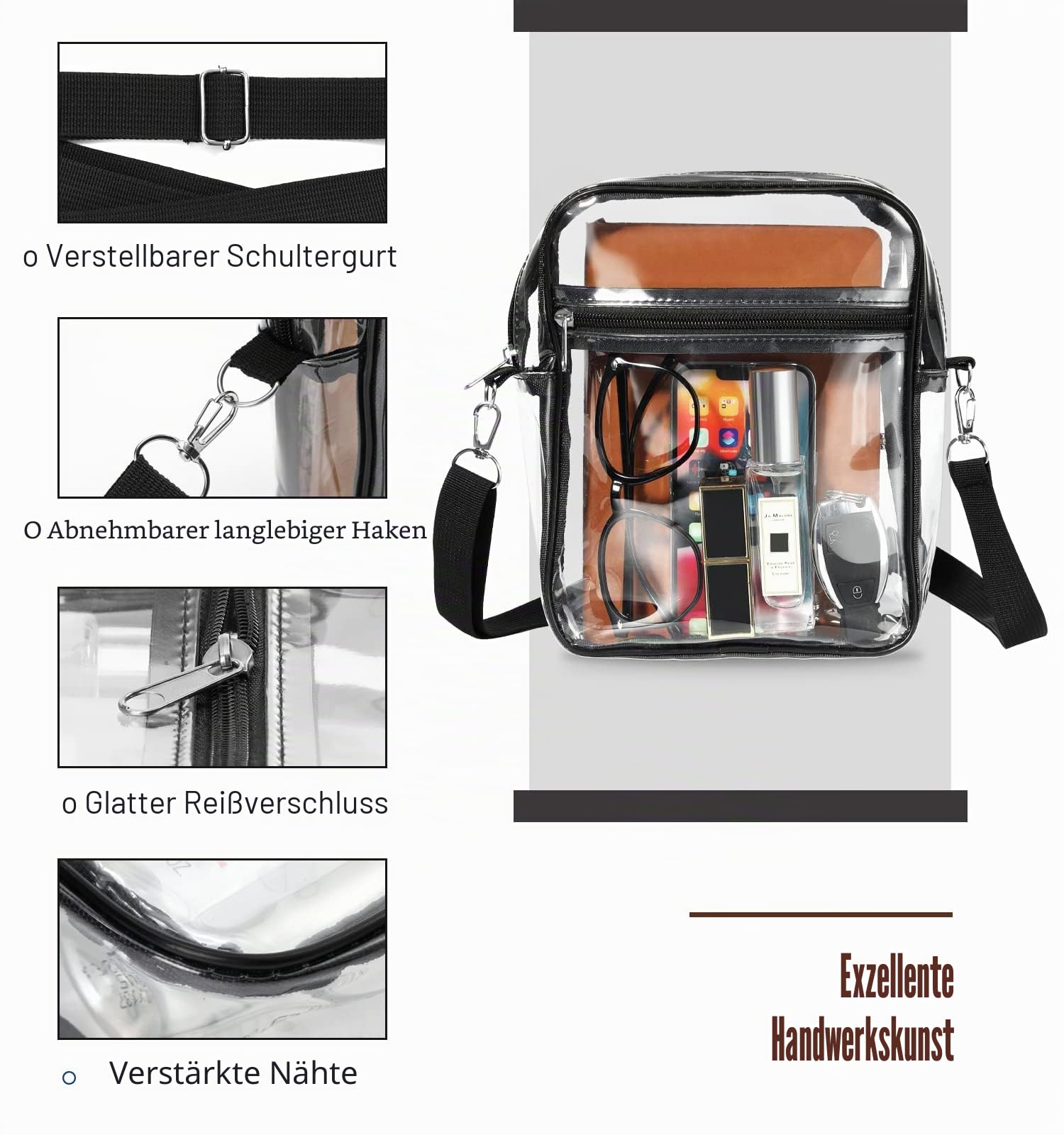 MoKo Transparente Crossbody Schultertasche, Station Genehmigte Tragetasche mit Abnehmbarem Gurt Statium Approved Klare Breiftasche für Arbeit Sport Spiele und Konzerte