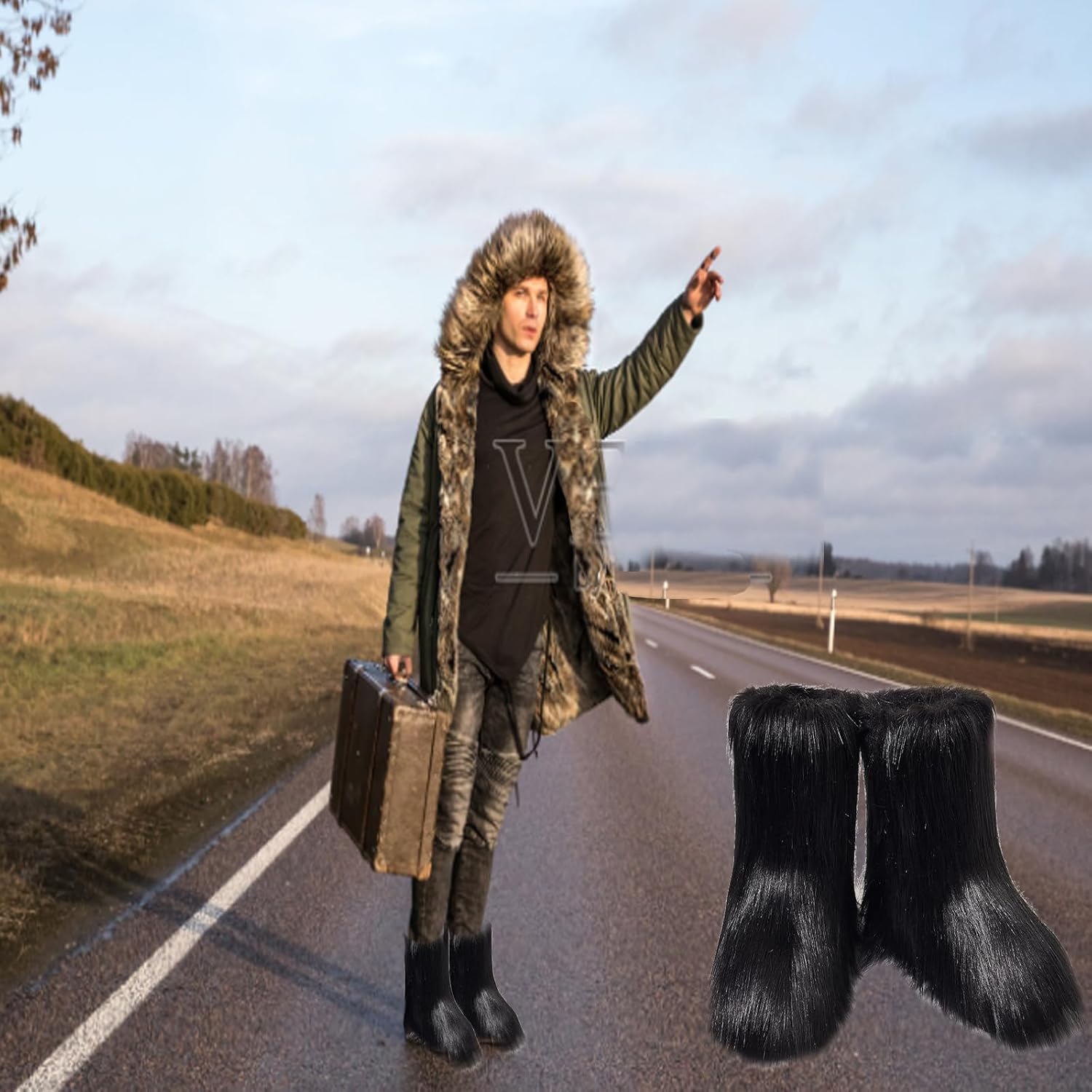 YXCFEWD Faux Fur Snow Boots for Men,Furry Boots Fuzzy Fluffy, Men's Winter Warm Flat Heel Non Slip Boots