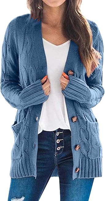 PIFAME Cardigan Sweater for Women Open Front Button Sweaters with Pockets Long Sleeve Button Down Cardigans Sweaters