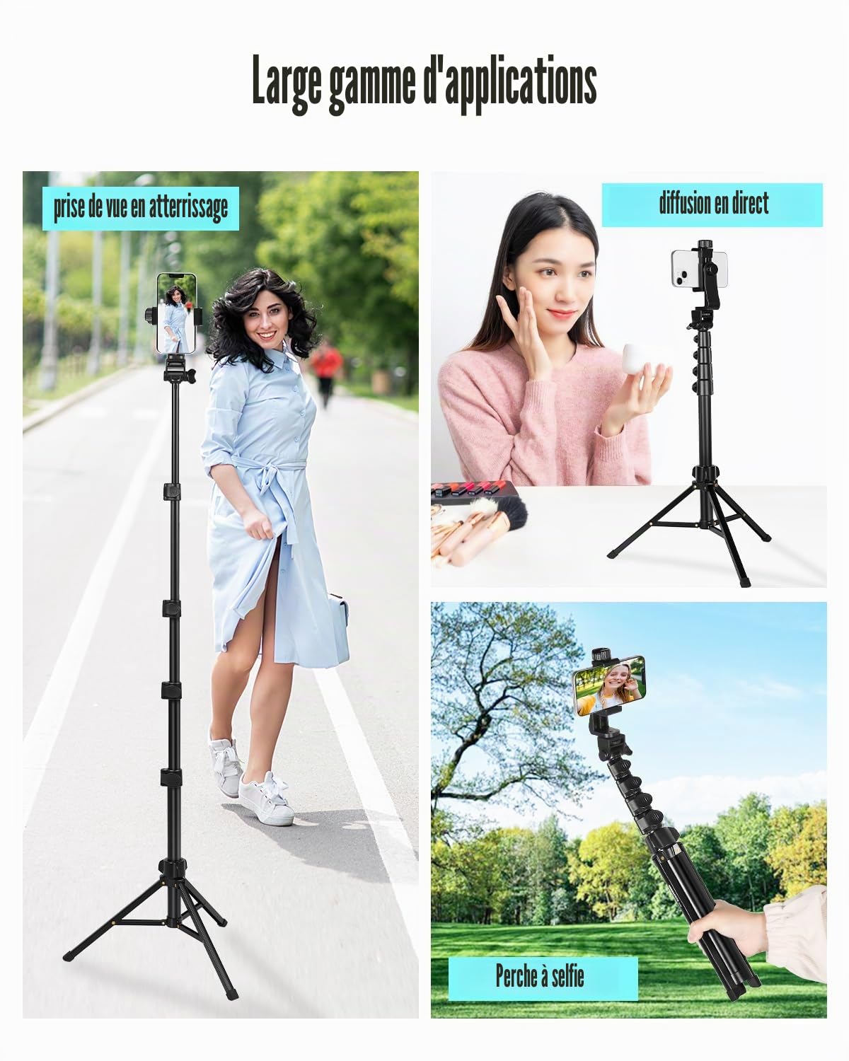 CAMBOFOTO Trépied Téléphone Portable 168cm Aluminium Professionnel,Trepied Smartphone, Support Universel pour Smartphone/iPhone/Appareil Photo, Léger et Portable pour Voyage, Vlogging