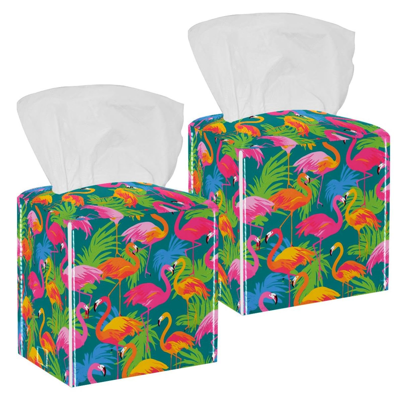 Artistic Leaves Tissue Box Cover, 2 Pack PU Leather Square Facial Tissue Dispenser Box holder for Home Office Car