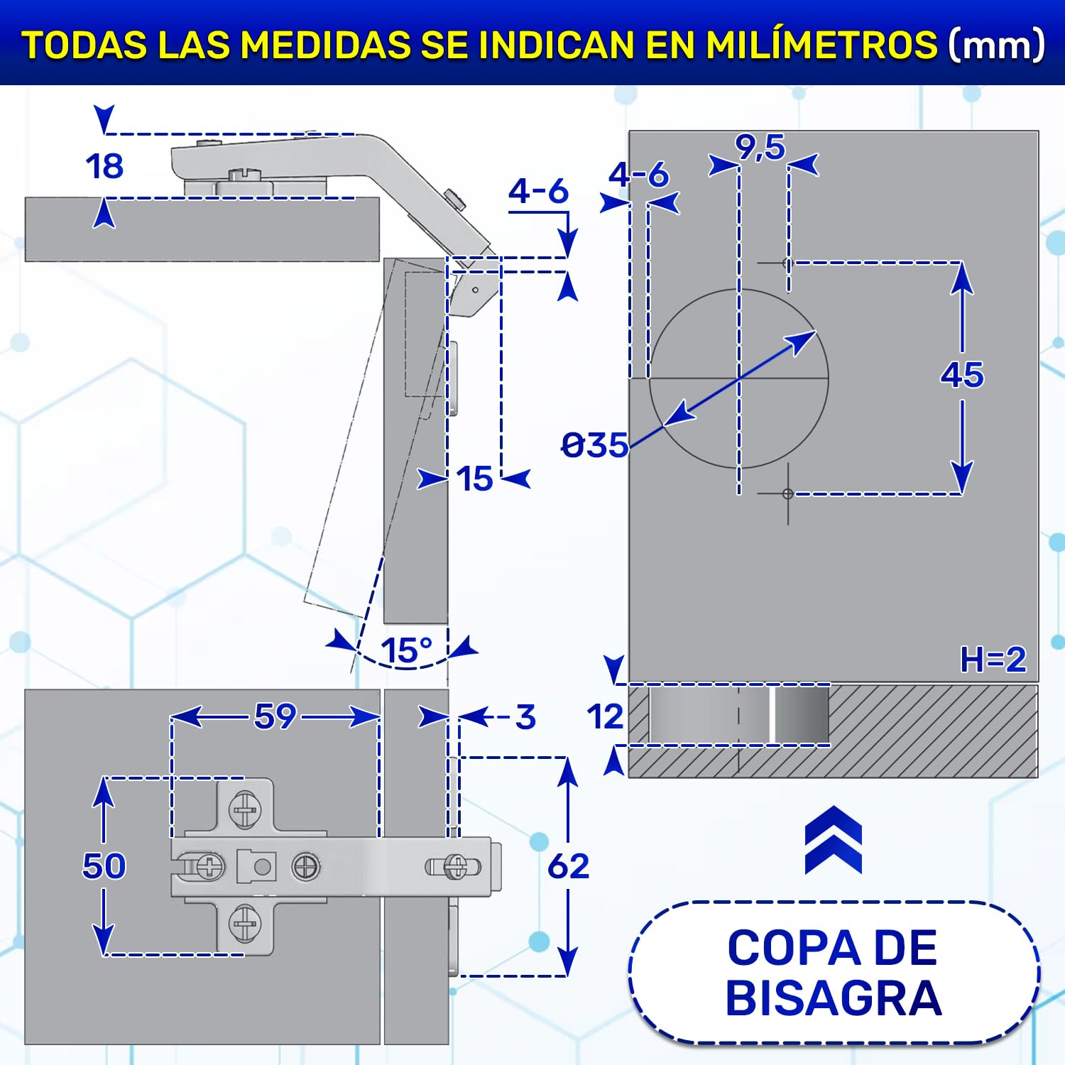 2 Piezas Bisagras Puertas Cocina Tiene Ángulo Apertura 135° - Montaje de Bisagras para Puertas Ø 35 mm H=2 - con Sistema Slide-On - Garantía de 10 Años - MONTERAL