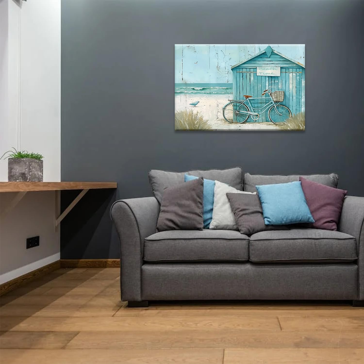 Beach Canvas Wall Art, Blue Farmhouse Barn Bike and Bird on the Beach (Beach Time) Poster Print Blue Beach Seascape Painting Picture for Bedroom Bathroom Decor(Artwork-02, 18"x12")