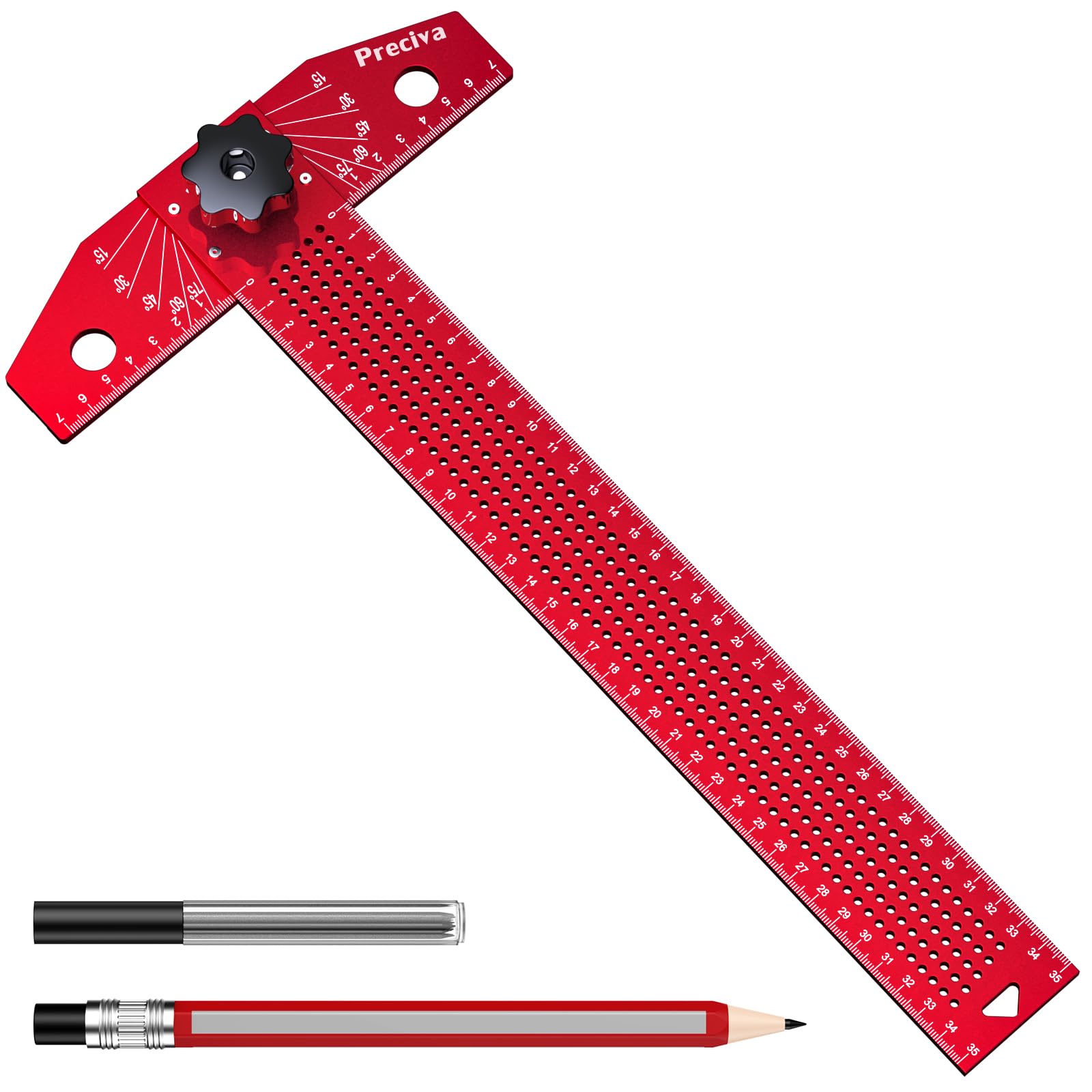 Preciva T-Lineal 350 mm Aluminium, Winkelschmiege mit Winkelmesser und Anreißlineal, Verstellbarer Anschlagwinkel 15-90°, Kombinationswinkel mit Markierstift für Holzarbeiten, Zeichnen und DIY