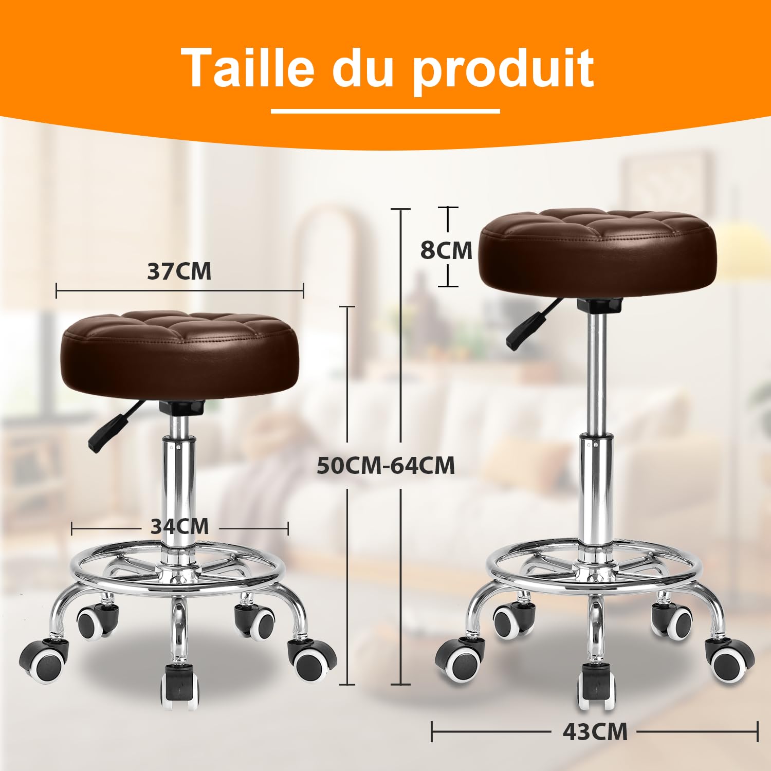 Tabouret Bureau à Large Cousin,Tabouret à Roulettes avec Repose-pied,Tabouret Roulettes Professionnel Réglable en Hauteur,Tabouret a Roulette avec Structure Métallique Robuste pour Cuisines (Marron)