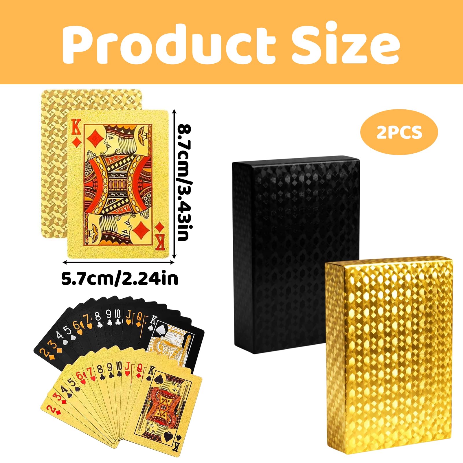 Gubilacrum 2 Pack Playing Cards, 8.7x 5.7cm Black and Gold Two Pack of Cards, Water Resistant Plastic Playing Card - Image 2