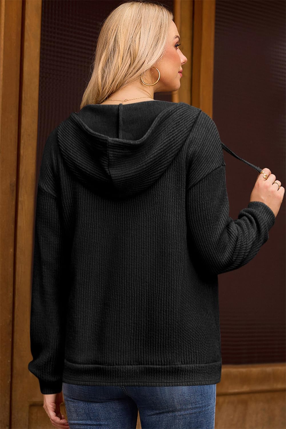 Dokotoo Womens Hoodies Oversized Sweatshirts Ribbed Knit Long Sleeve Drawstring V Neck Casual Pullover Sweatshirt Hooded Tops - Image 5