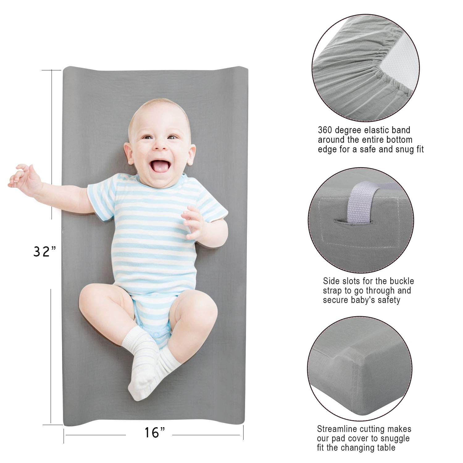 Mueen Life Changing Pad Cover - Soft&Stretchy Change Table Sheet Cradle Sheet for Boy Girl, 100% Organic Cotton, Fitted 32'' x 16'' Standard or Contoured Changing Pad (Gray)