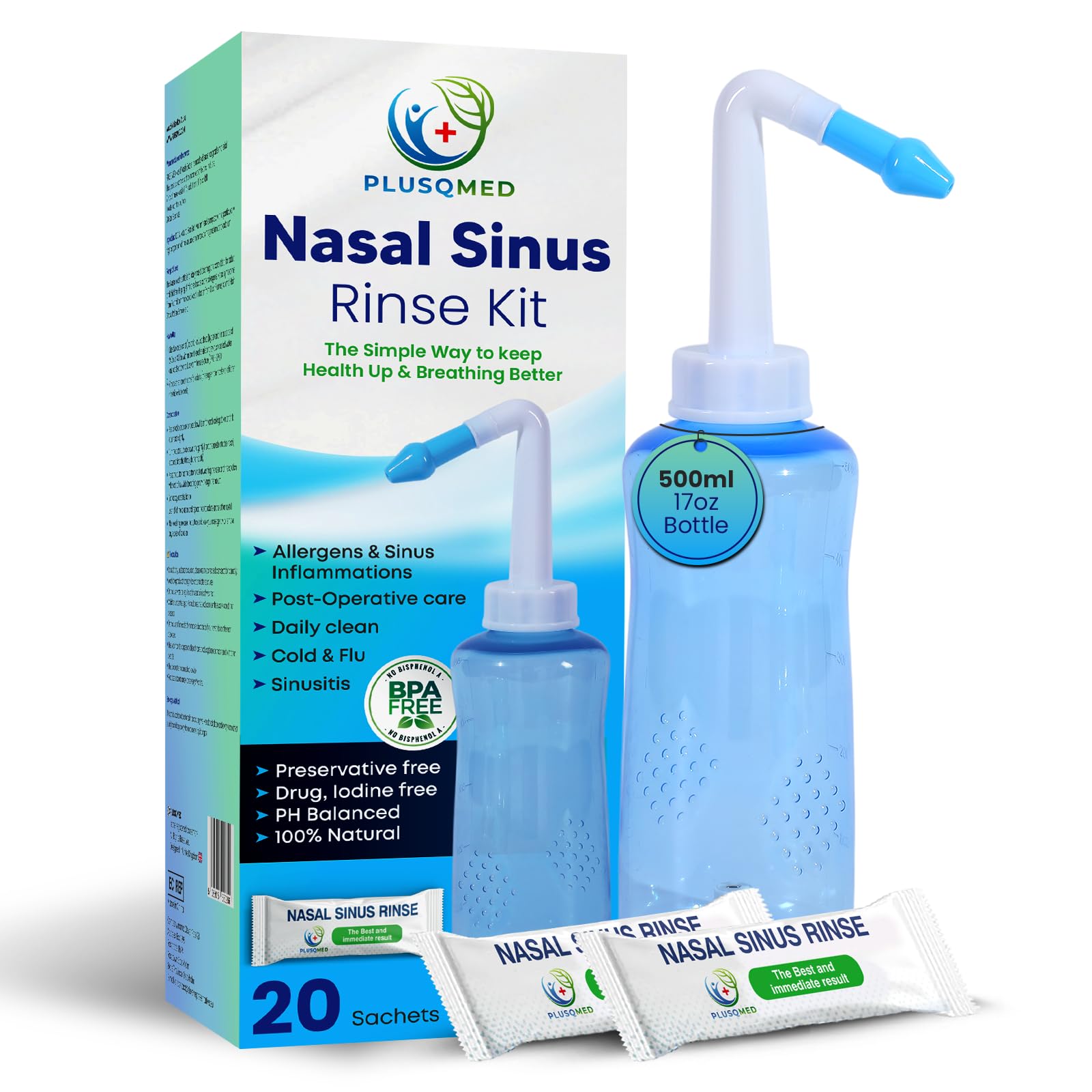 1 x Neti Lota 500 ml Irrigatore Adulti, bambini da 5 anni, + 20 bustine di sale, doccia nasale Lavaggi per adulti per la pulizia del naso, Irrigazione nasale con due ugelli