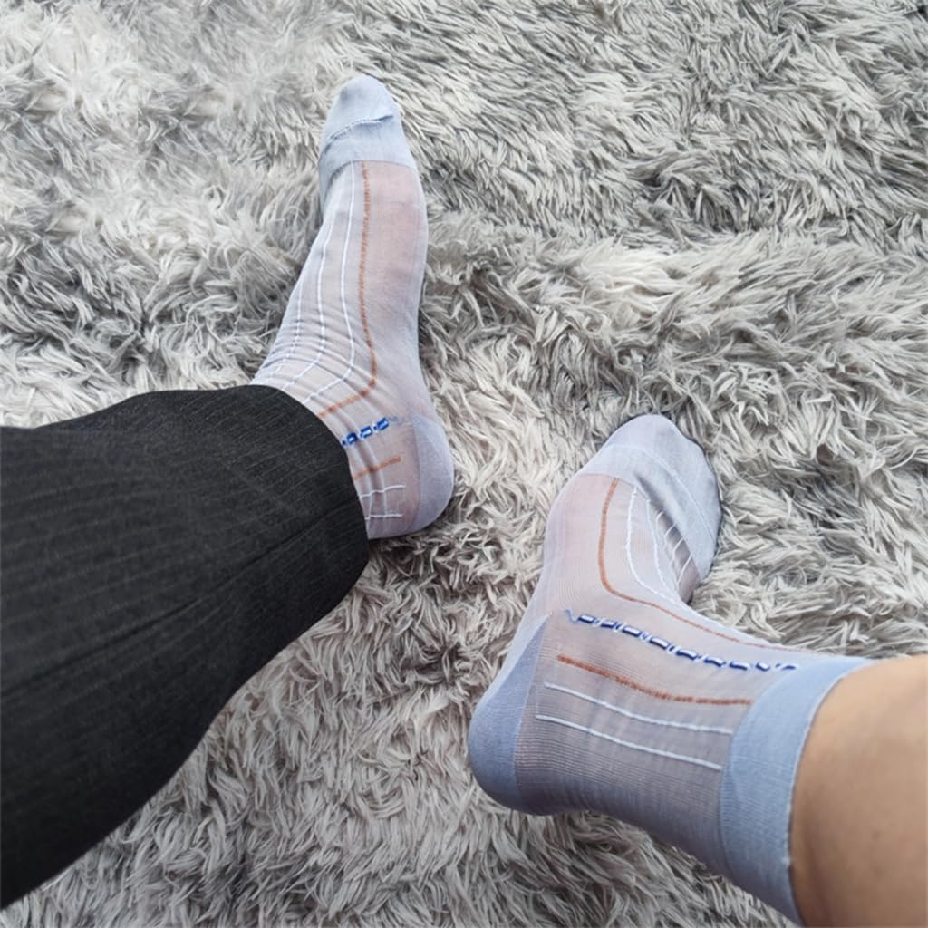Men's Super Thin Business Dress Socks with Antislip Elastic Cuffs Soft Nylon Sheer Pattern Stockings