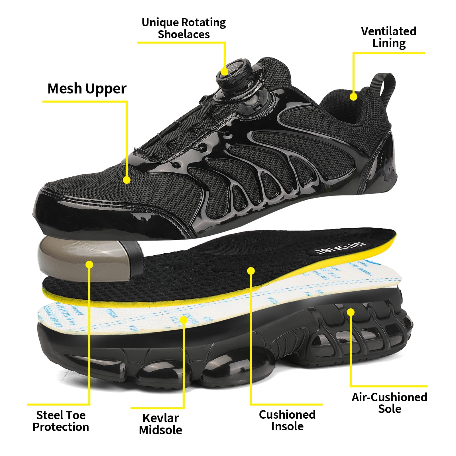 NIFOFISE Scarpe da ginnastica con punta in acciaio da uomo e donna, scarpe da ginnastica di sicurezza, comode, traspiranti, da lavoro, leggere, antiscivolo, scarpe da ginnastica con fibbia girevole