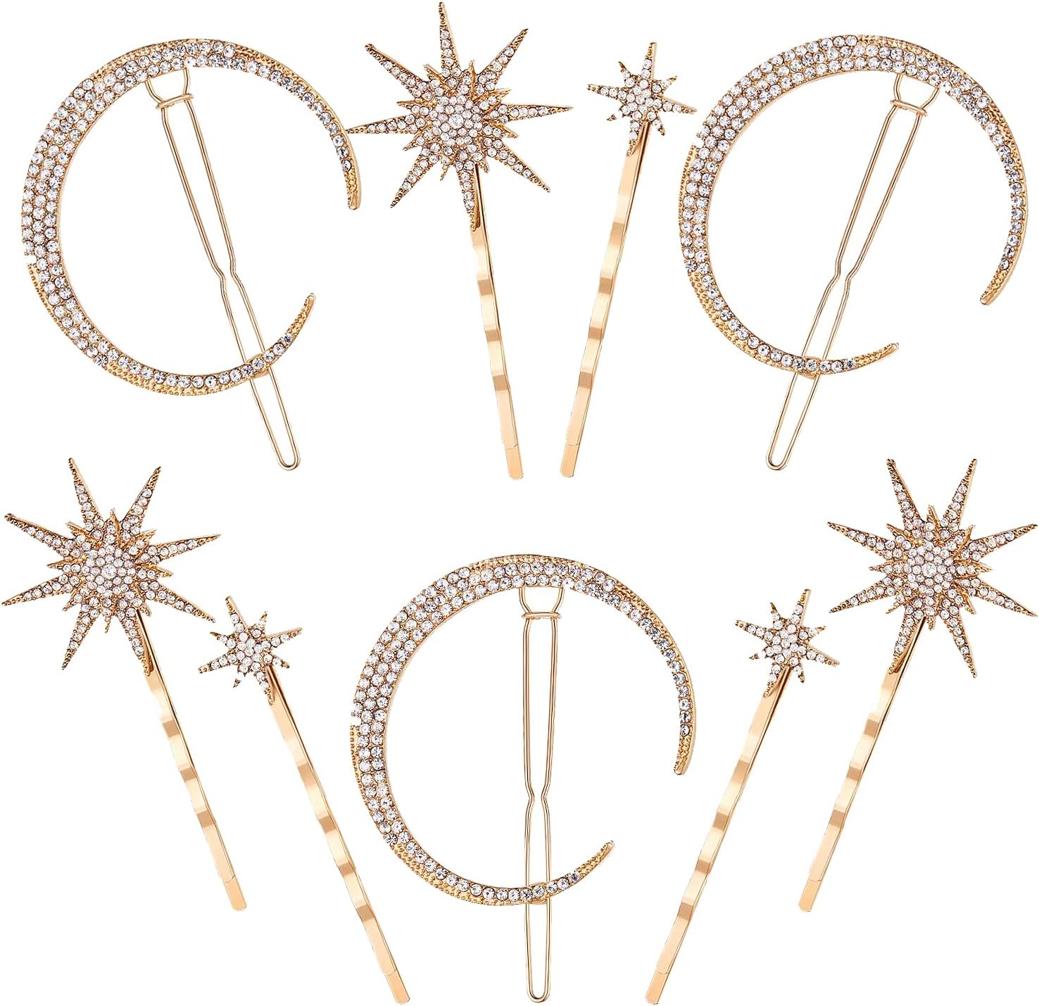 Star Moon Hair Clip Accessories Rhinestone Headdress Headwear Bobby Pins Side Clamps Grips for Women Girls Thick Thin Hair 9 Pieces