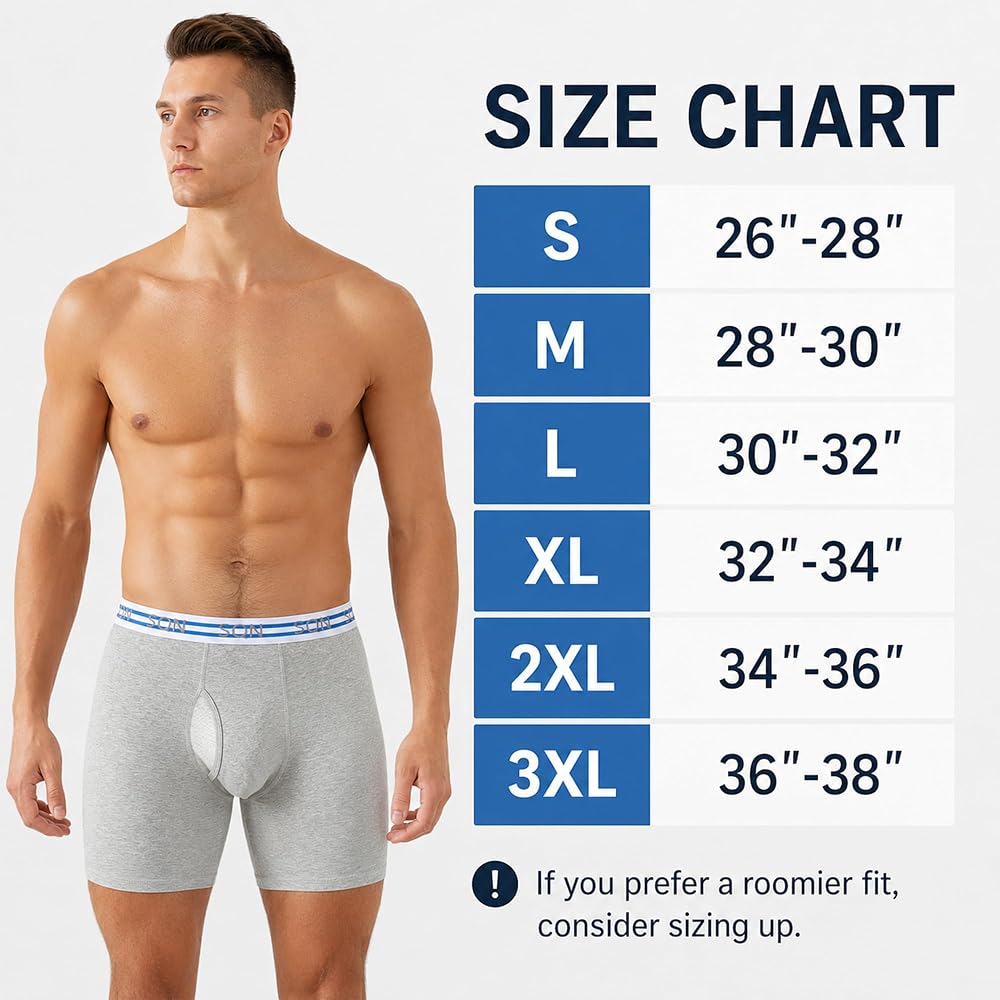 SHIQINUO Men's Cotton Boxer Briefs 3 Pack, Long Leg Open Fly